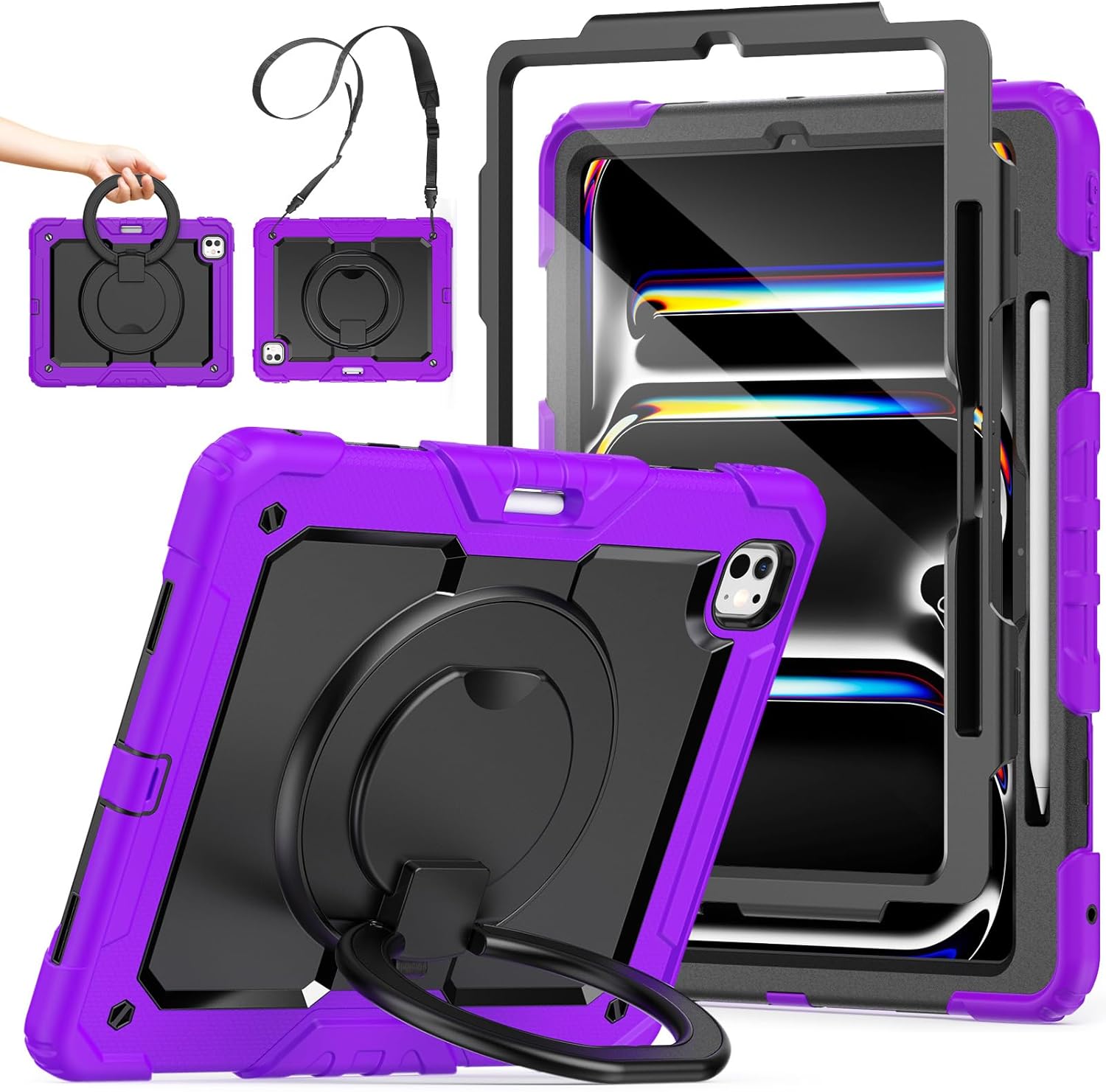 SCSVPN Case for iPad Pro 13 inch M5 2025 / M4 2024 with Screen Protector - Pencil Holder - 360° Rotating Stand/Handle - Shoulder Strap, Full Body Rugged Shockproof Protective Silicone Cover (Purple)