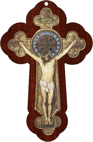 Needzo Símbolo de San Benito y cruz colgante de Jesús, madera lista para colgar en la pared, decoración para sala de estar, regalos cristianos y