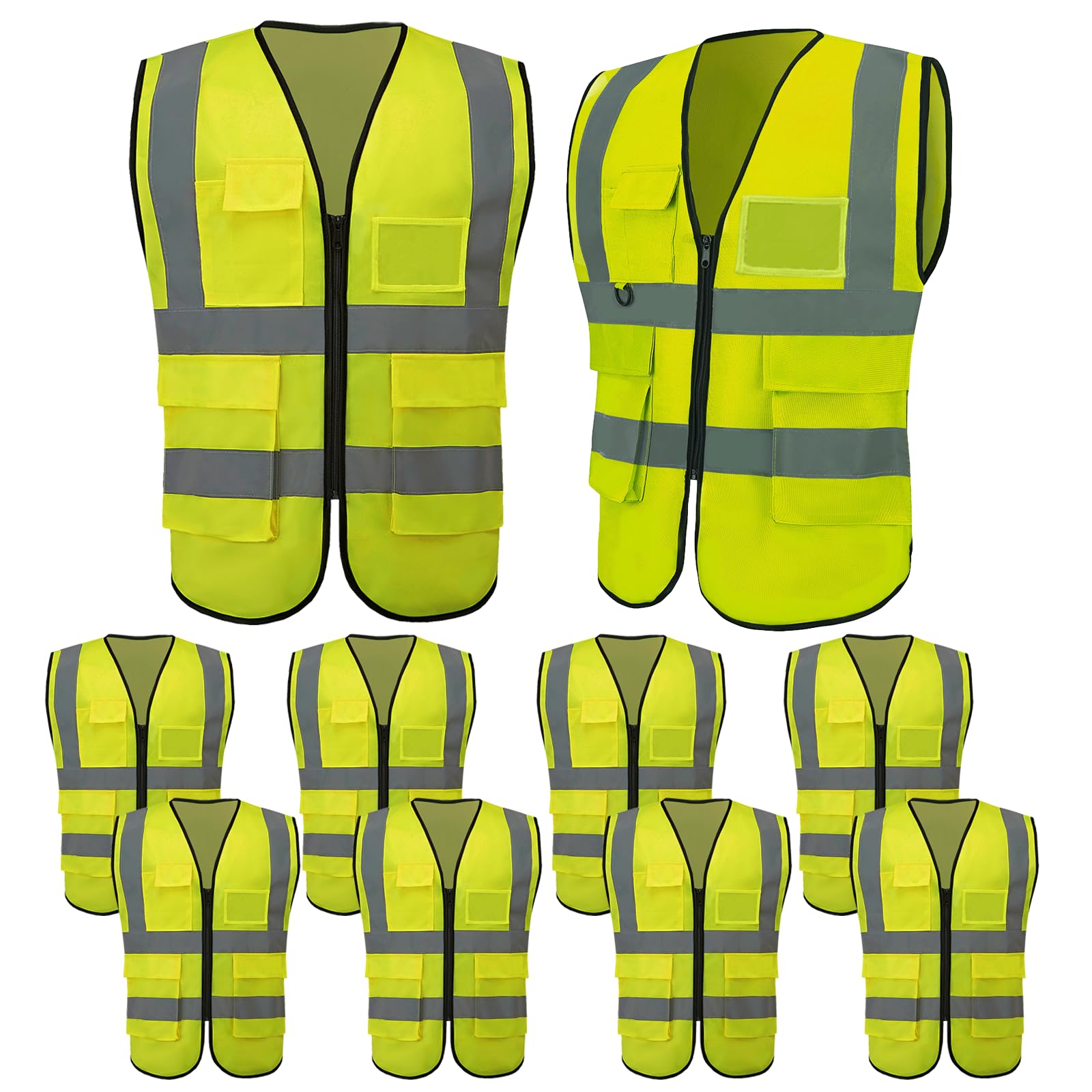Lavori-AK 10 Pack Reflective Safety Vests with Pockets & Zipper, High Visibility Yellow Construction Vest for Men Women, Durable ANSI Class 2 Work