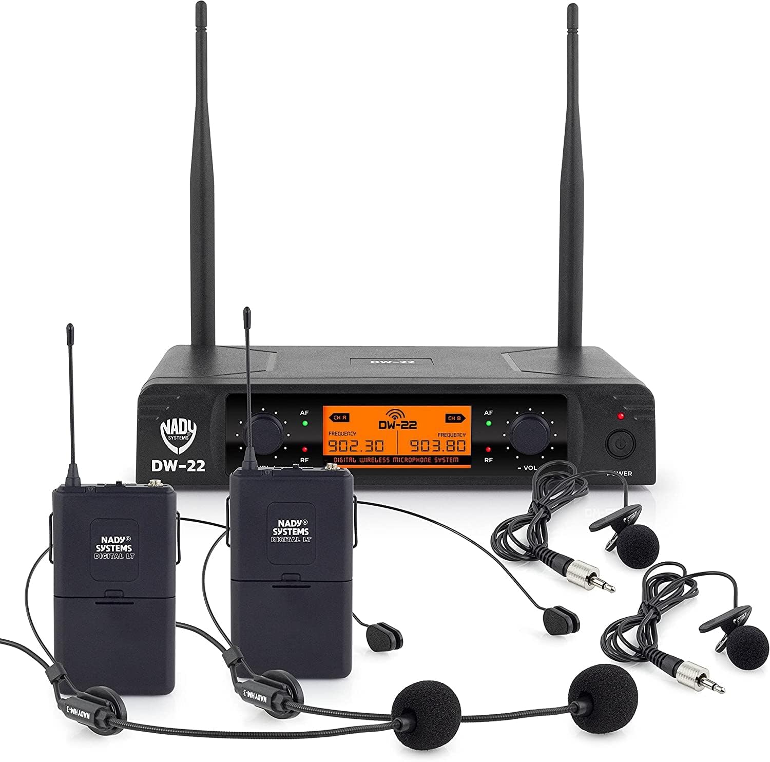 Nady DW-22-LT-HM Dual Digital Wireless Lapel & Headset Microphone System – 902.3MHz / 903.8MHz (Non-Adjustable), Plug and Play Set-up, and 300 ft. Range