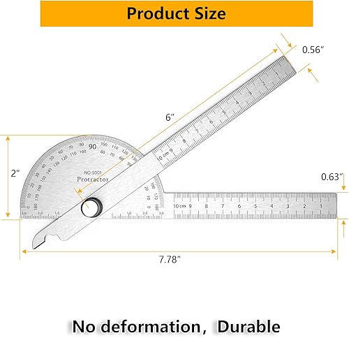 Miniatura 10 de ForoGore Transportador de acero inoxidable de 180 grados, regla de dos brazos, transportador de ángulo ajustable, regla de carpintería, herramienta