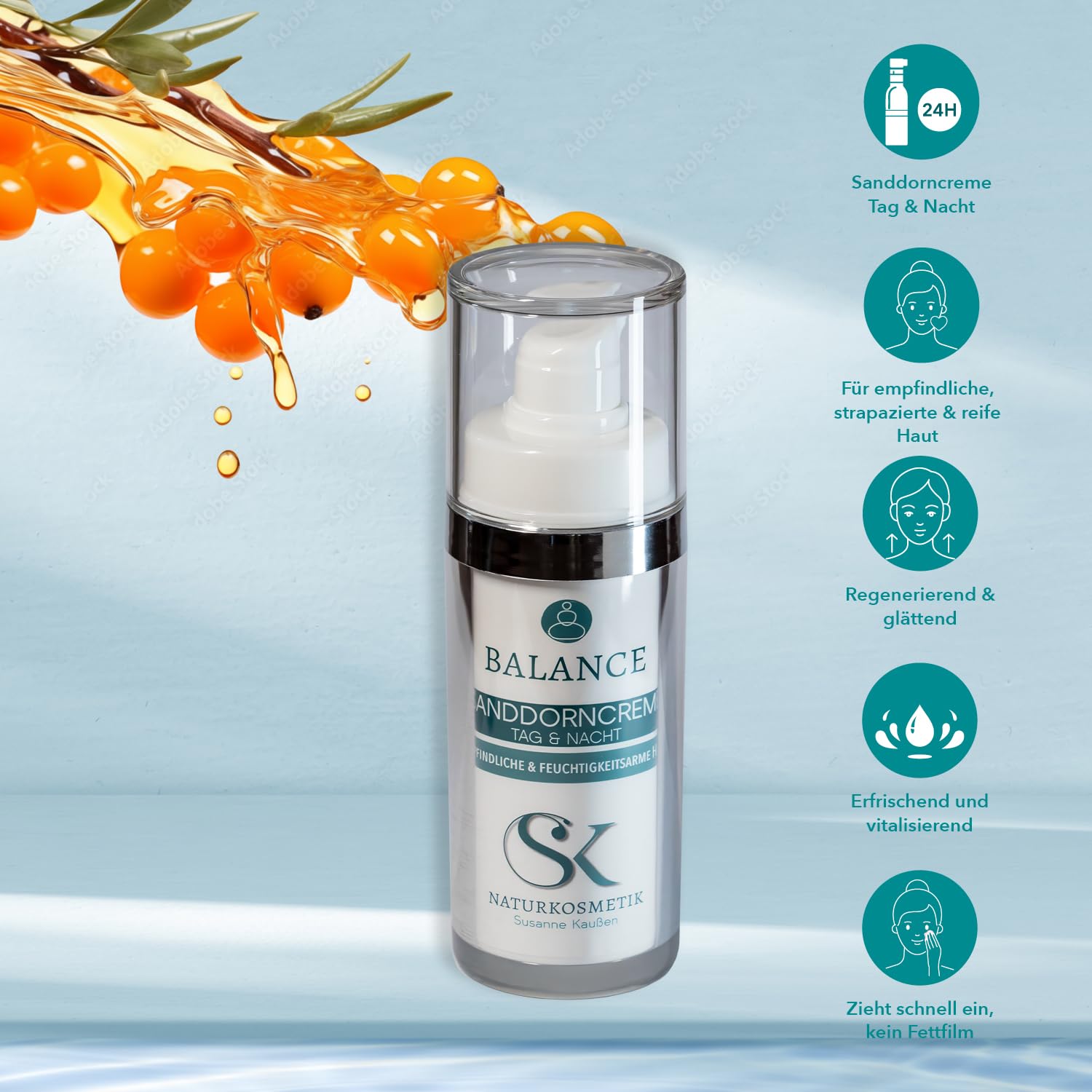 SK Naturkosmetik BALANCE Sanddorncreme Tag & Nacht – reichhaltige Gesichtscreme mit Sanddornöl, Vitamin C, B12, Hyaluron & Parakresse | Schutz & Pflege für empfindliche, strapazierte & reife Haut