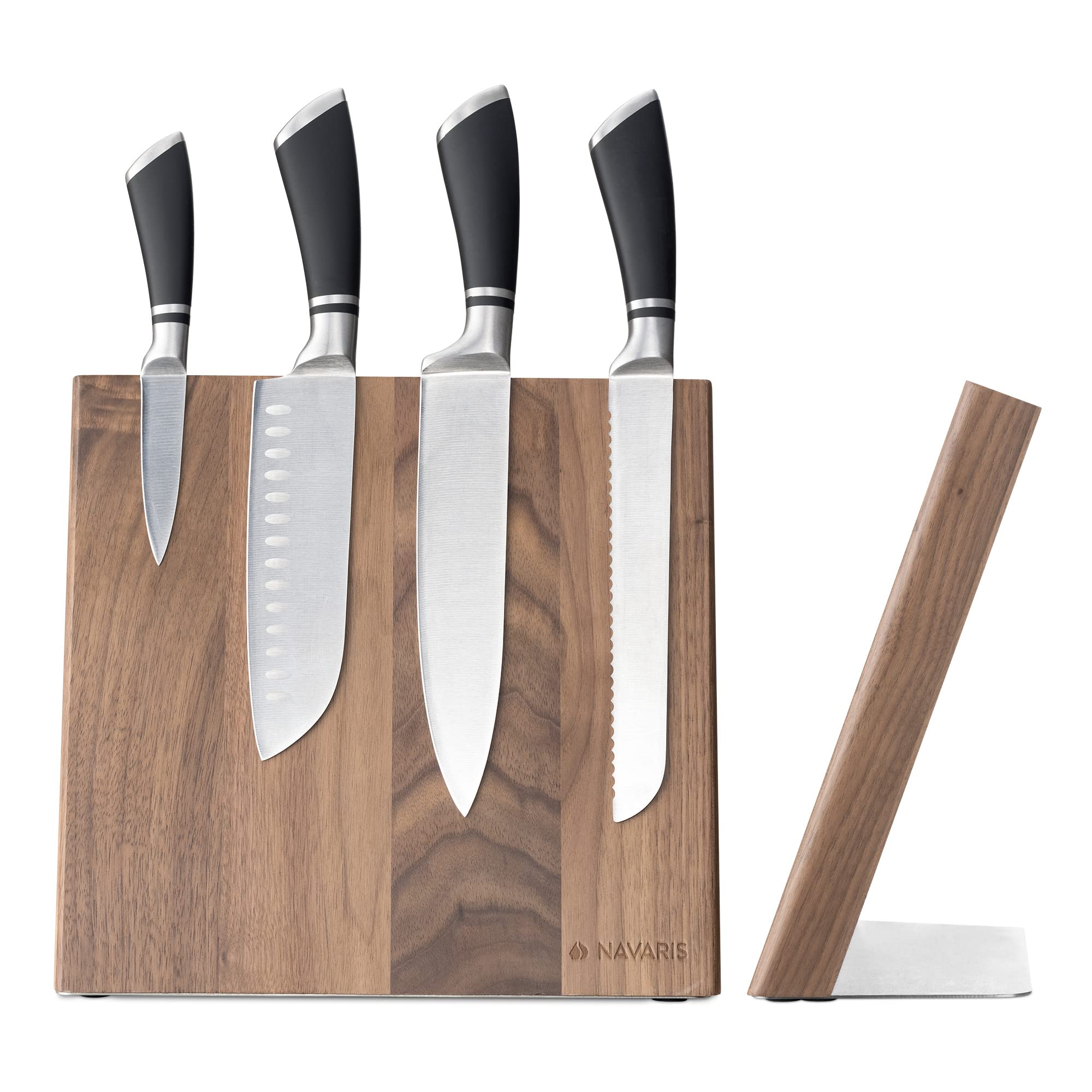 Navaris Porta Coltelli da Cucina Magnetico - Ceppo Portacoltelli Universale 27,7x27,5cm Tavoletta Magnetica Salvaspazio Utensili - Legno Noce Marrone