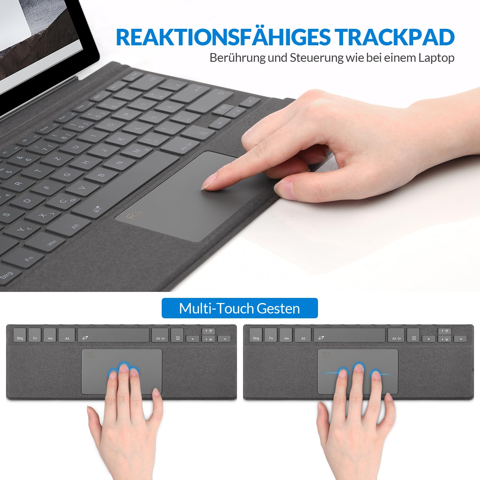 Rii Surface Tastatur für Surface Pro 7 Plus/7/6/5/4/3, Bluetooth 5.2 Mit Touchpad und 7-Farbiger Hintergrundbeleuchtung - Grau (QWERTZ, Deutsches Layout)
