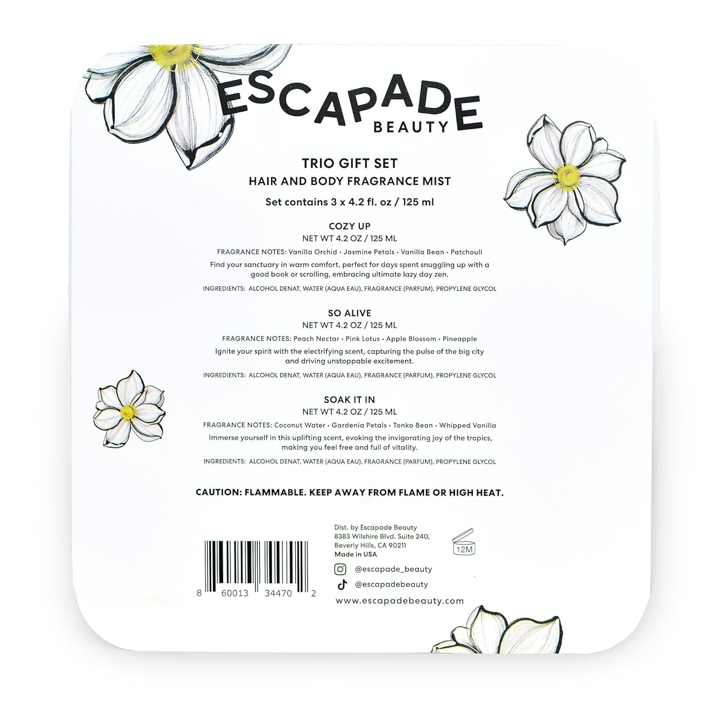 ESCAPADE BEAUTY Trio Gift Set: So Alive, Soak it In, Cozy Up - Hair and Body Fragrance Mist - (3), 4.2oz each