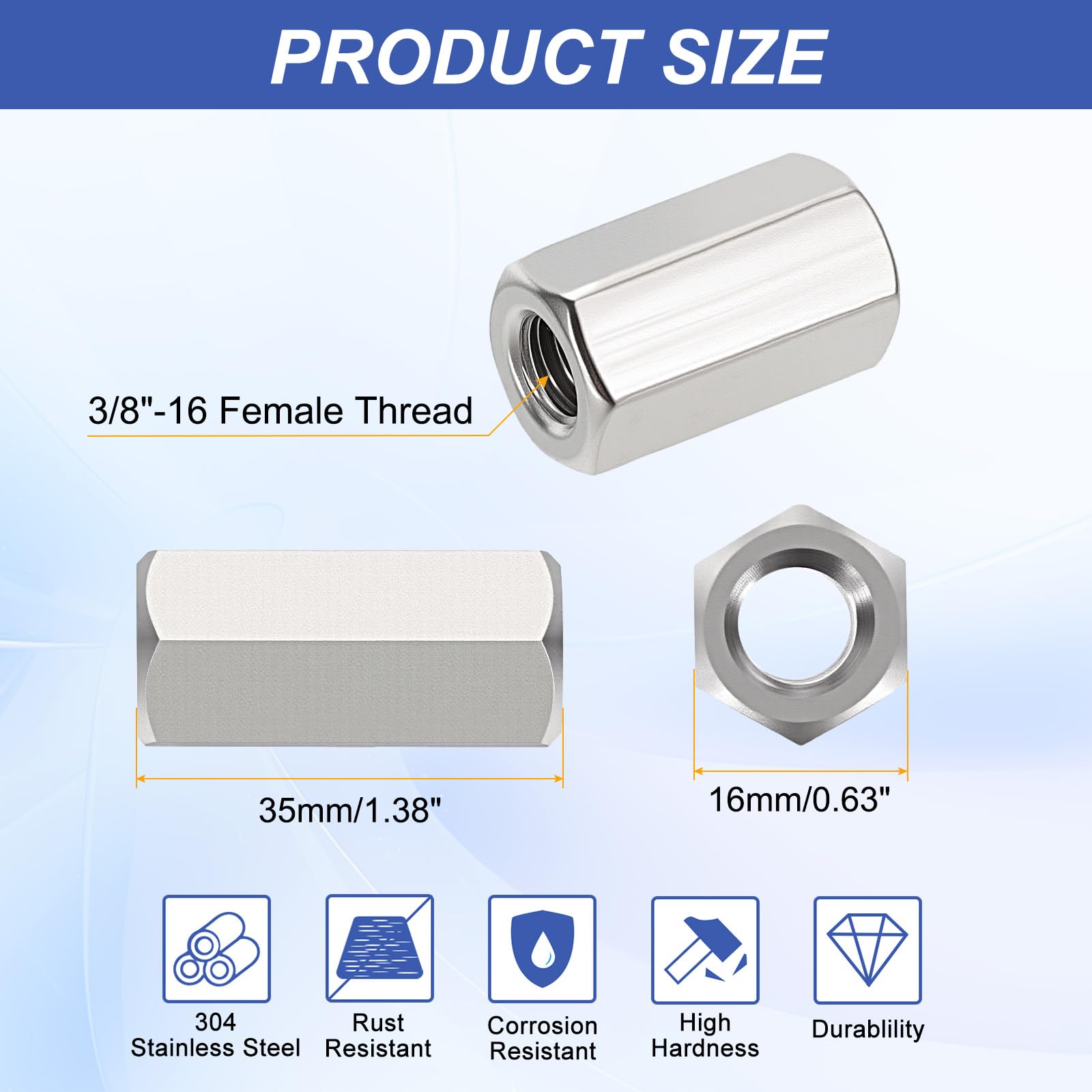 HiPicco Hex Coupling Nuts, 3/8-16 UNC 35mm/1.38" Length, 12 Pack 304 Stainless Steel Rod Coupling Nut for Threaded Rods & Studs - Image 2