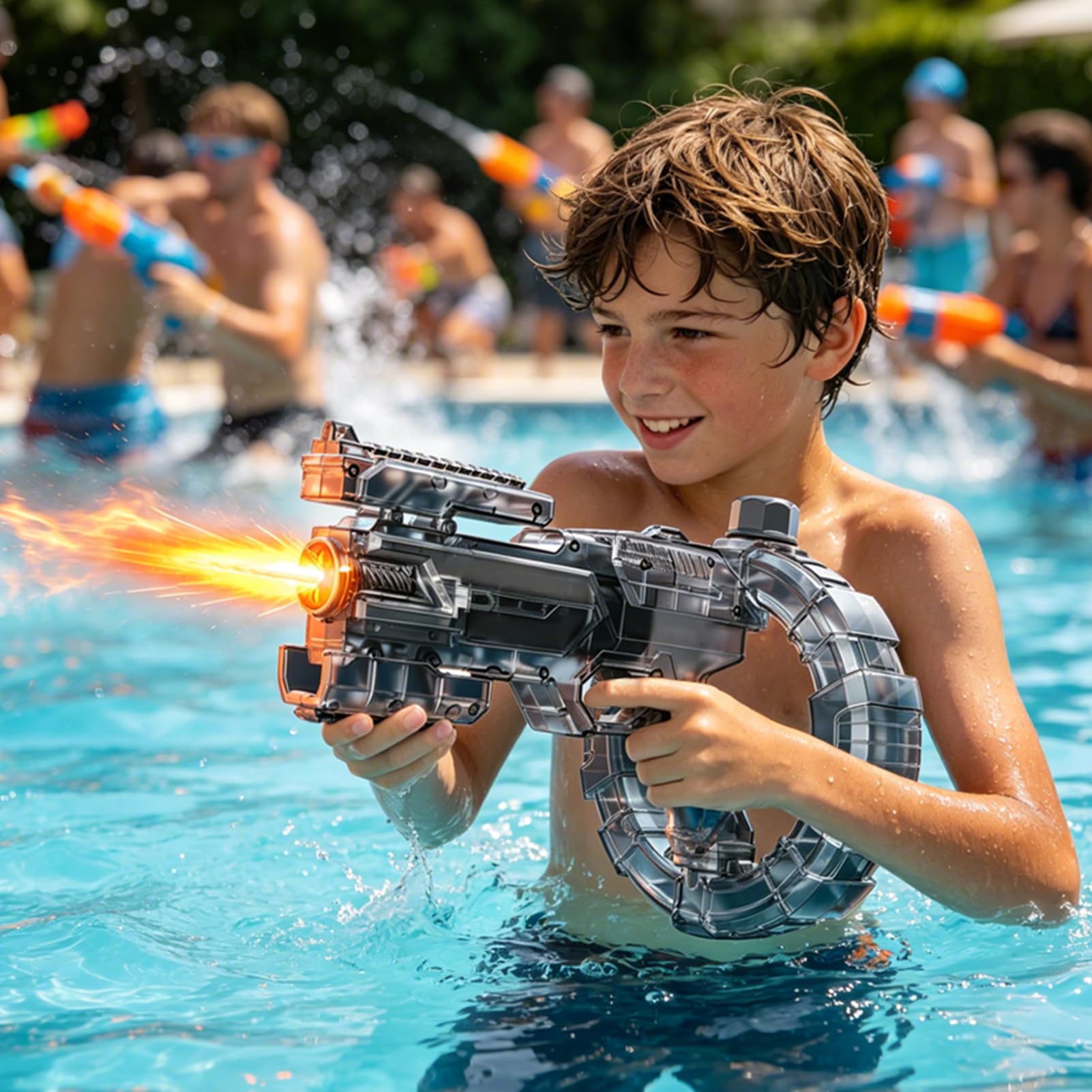 Pistola ad acqua elettrica con luci LED, pistola ad acqua automatica, grande capacità 320 ml, pistola ad acqua con portata fino a 8-9 m, pistola a spruzzo giocattolo per piscina, adulti, ragazzi e