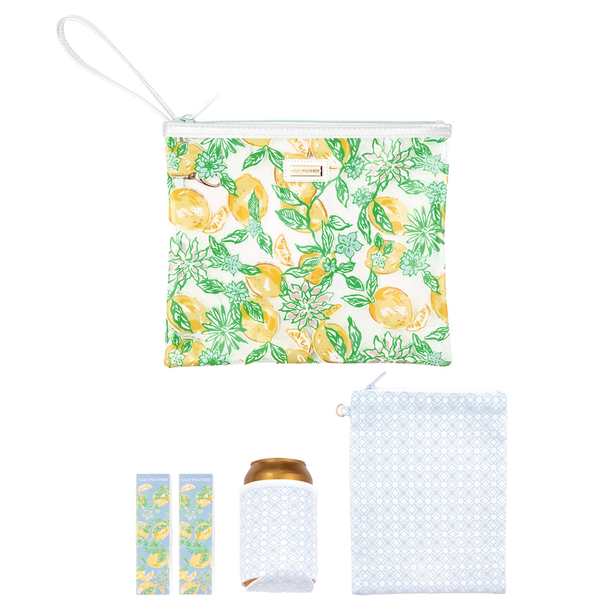 Lilly Pulitzer Water Resistant Vinyl Beach Day Pouch, Zipper Bag Includes Drink Hugger, Small Pouch, and Towel Clips