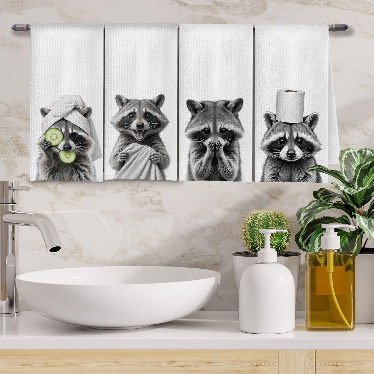 Funny Raccoon Hand Towels Set of 4, Raccoon Bathroom Decor, Vintage Trash Panda Hand Towels for Kids Bathroom Washroom, 16x24 Inch - Image 2
