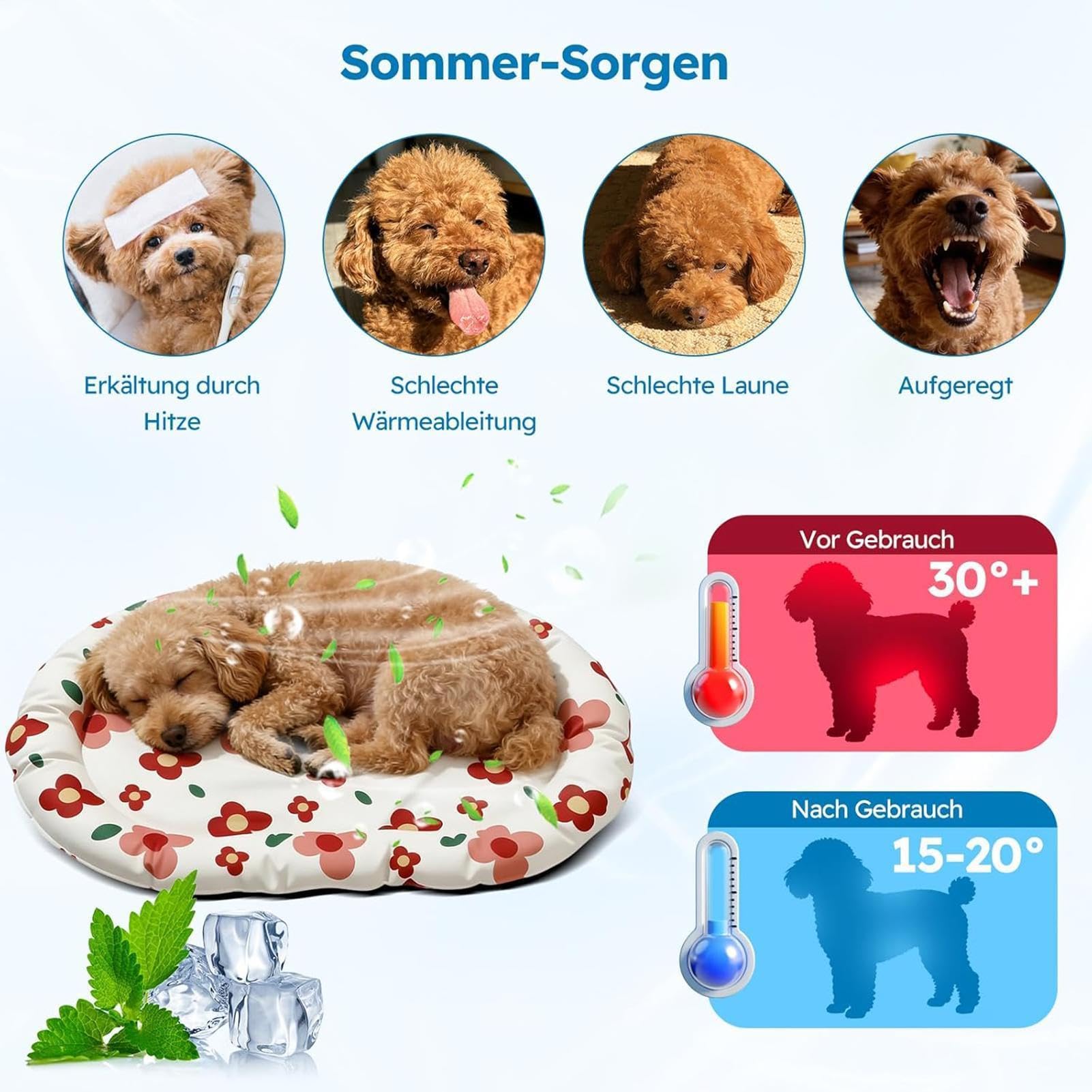 Tappetino Rinfrescante per Cani Cuscino Portatile con Motivo Floreale | Tappetino Pet Esterno Per Cani Anziani Cuccioli Gatti Trasportino Auto Cane Giardino Camera da