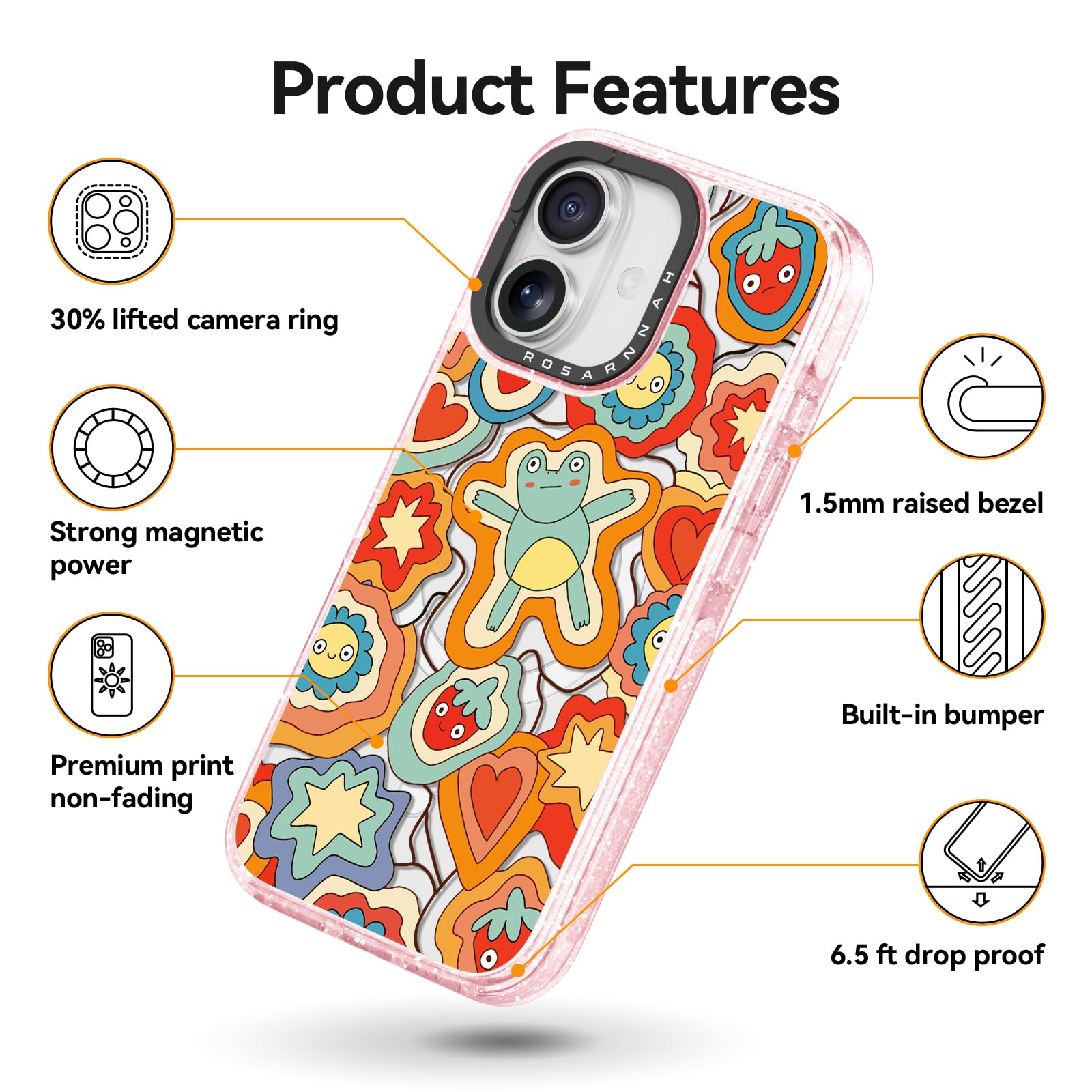 Rosarnnah Bonita funda para iPhone, compatible con Magsafe, duradera, a prueba de golpes, caída de 6.5 pies, diseño divertido de Froggy's Dream para 17 (6.3 pulgadas), rosa brillante