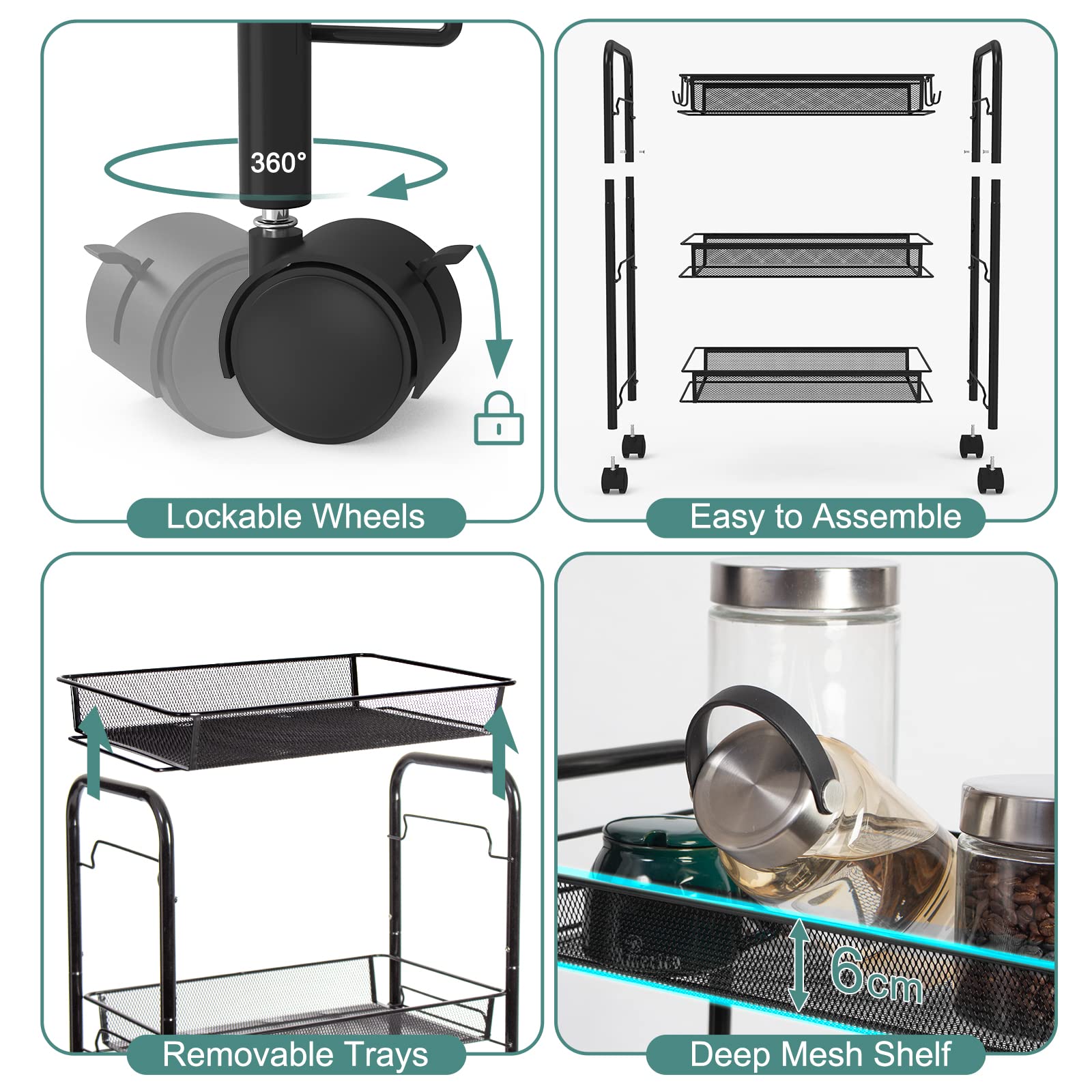 Leogreen Carrito Auxiliar de 5 Niveles con Ruedas, Carrito de Cocina, Negro | 5 cestas extraíbles, ruedas 360° (2 con freno), con asas, metálica resistente, para cocina, baño, oficina o lavandería