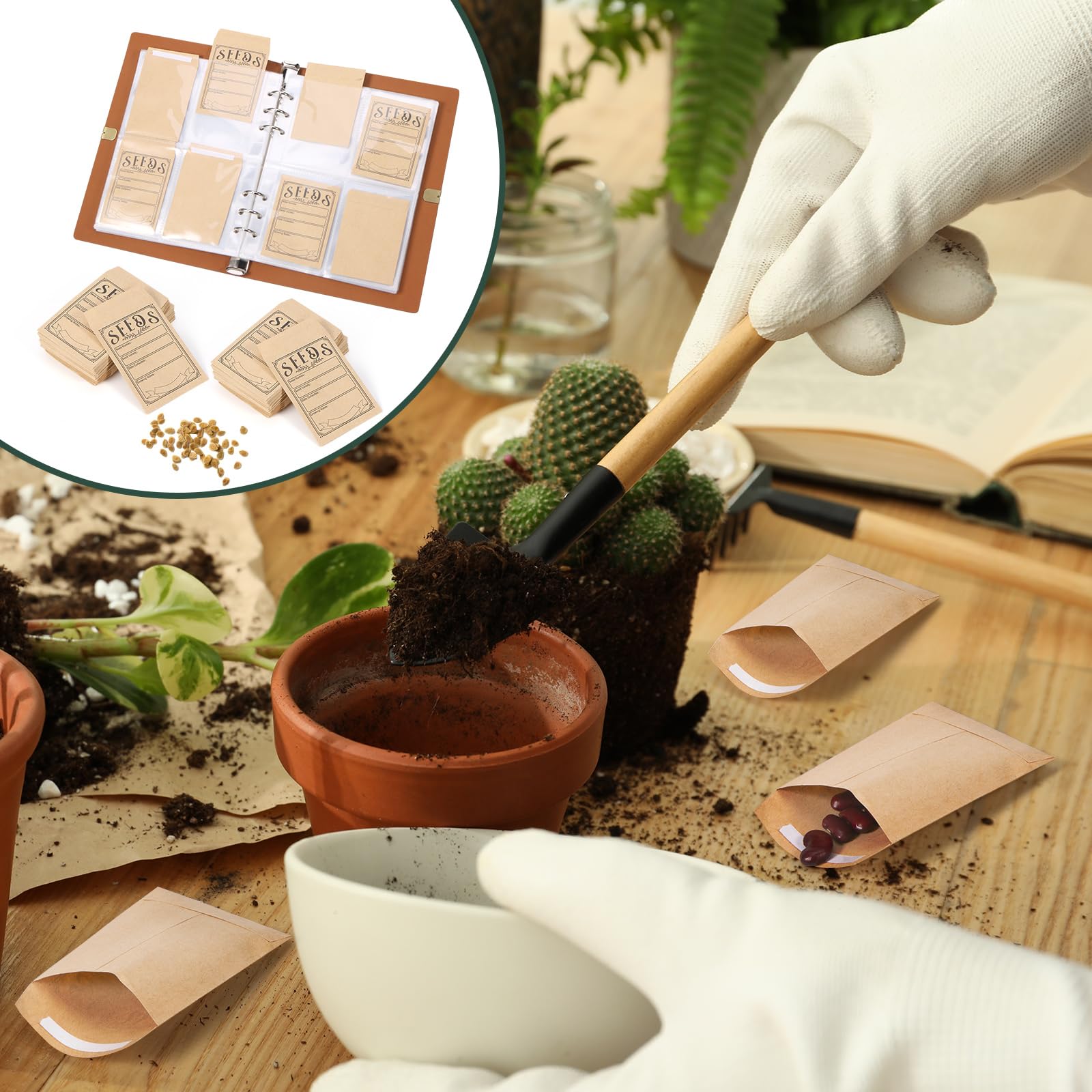Carpeta organizadora de almacenamiento de semillas de jardín, 150 sobres de semillas resellables, carcasa marrón con 40 protectores de hojas para una organización eficiente de paquetes de semillas,