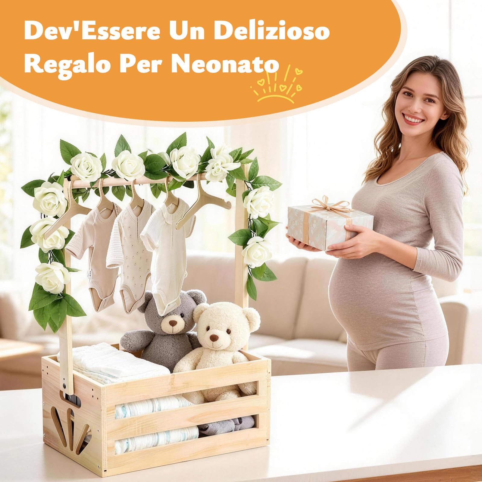 Cesto Nascita in Legno con 6 Appendiabiti e Ghirlanda Floreale | Set Regalo Completo con Cestino e Decorazione per Neonati