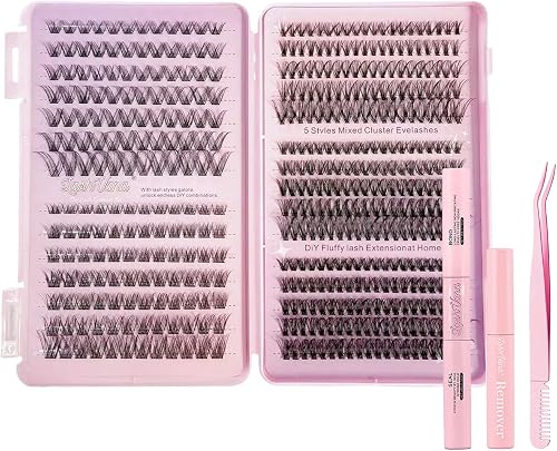 Lash Extension Cluster Kit - 482 Pcs With Bond, Seal, Remover & Tweezers (Black, Five Style 482Pcs)