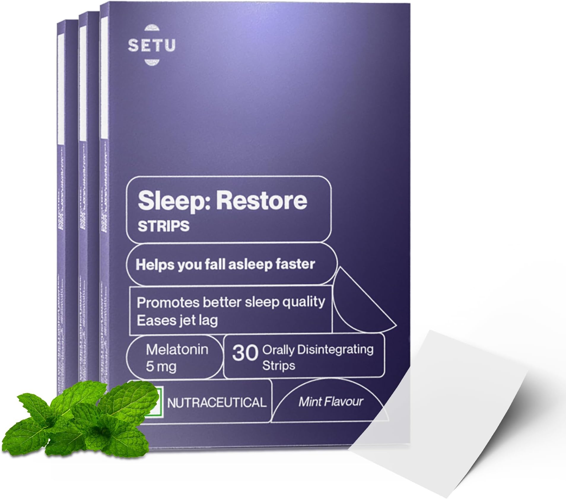 Setu Sleep Restore Melatonin 5mg - 30 Orally Dissolving Strips (Pack of 3) | Plant Based 5 mg Melatonin | Promotes Relaxation & Sleep, Eases Jet Lag Strain, Non-Habit Forming | Tasty Mint Flavor