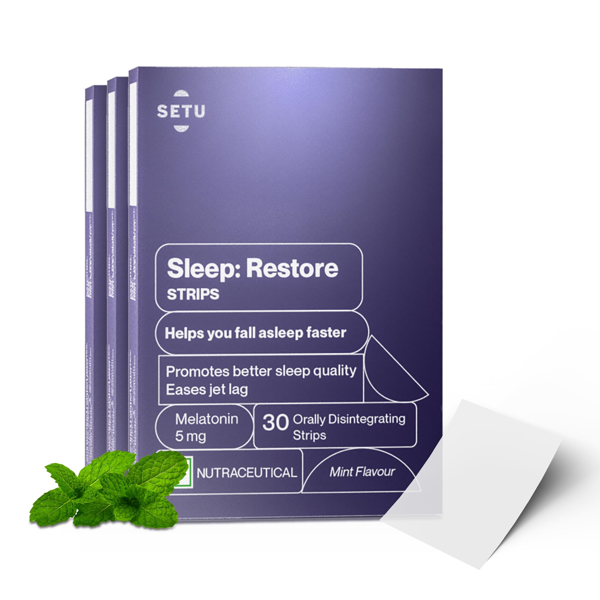 Setu Sleep Restore Melatonin 5mg - 30 Orally Dissolving Strips (Pack of 3) | Plant Based 5 mg Melatonin | Promotes Relaxation & Sleep, Eases Jet Lag Strain, Non-Habit Forming | Tasty Mint Flavor