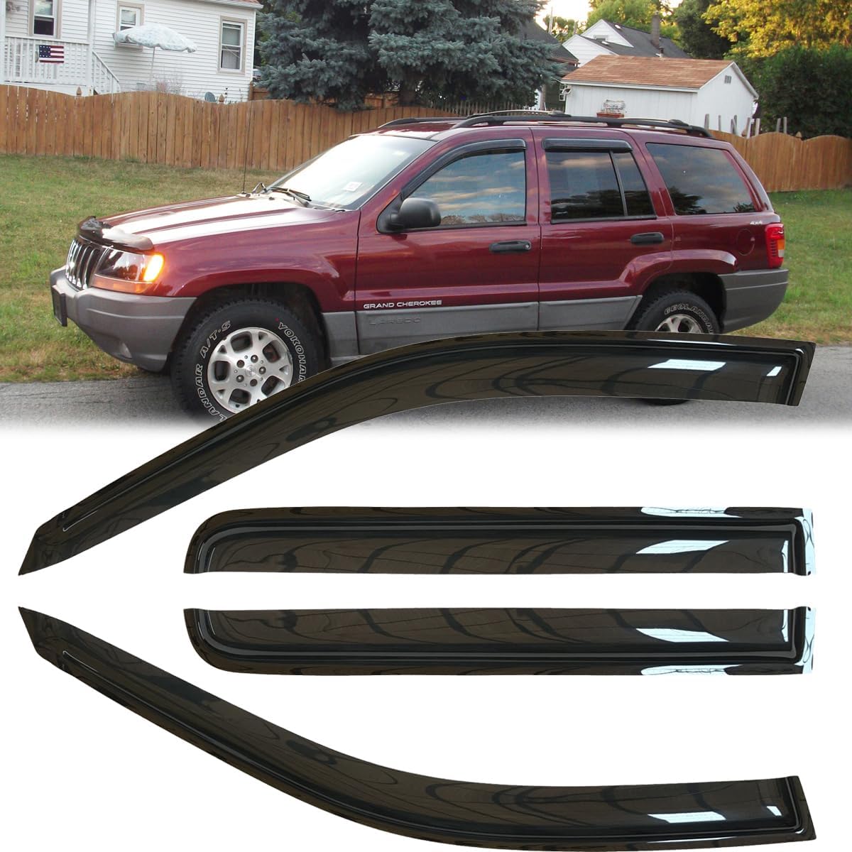 4pcs Original Shatterproof Rainproof Outside Mount Style Tape On Sun Rain Guard Side Window Wind Deflectors Stylish Vent Window Visors Compatible with 1999-2004 Grand Cherokee 94650