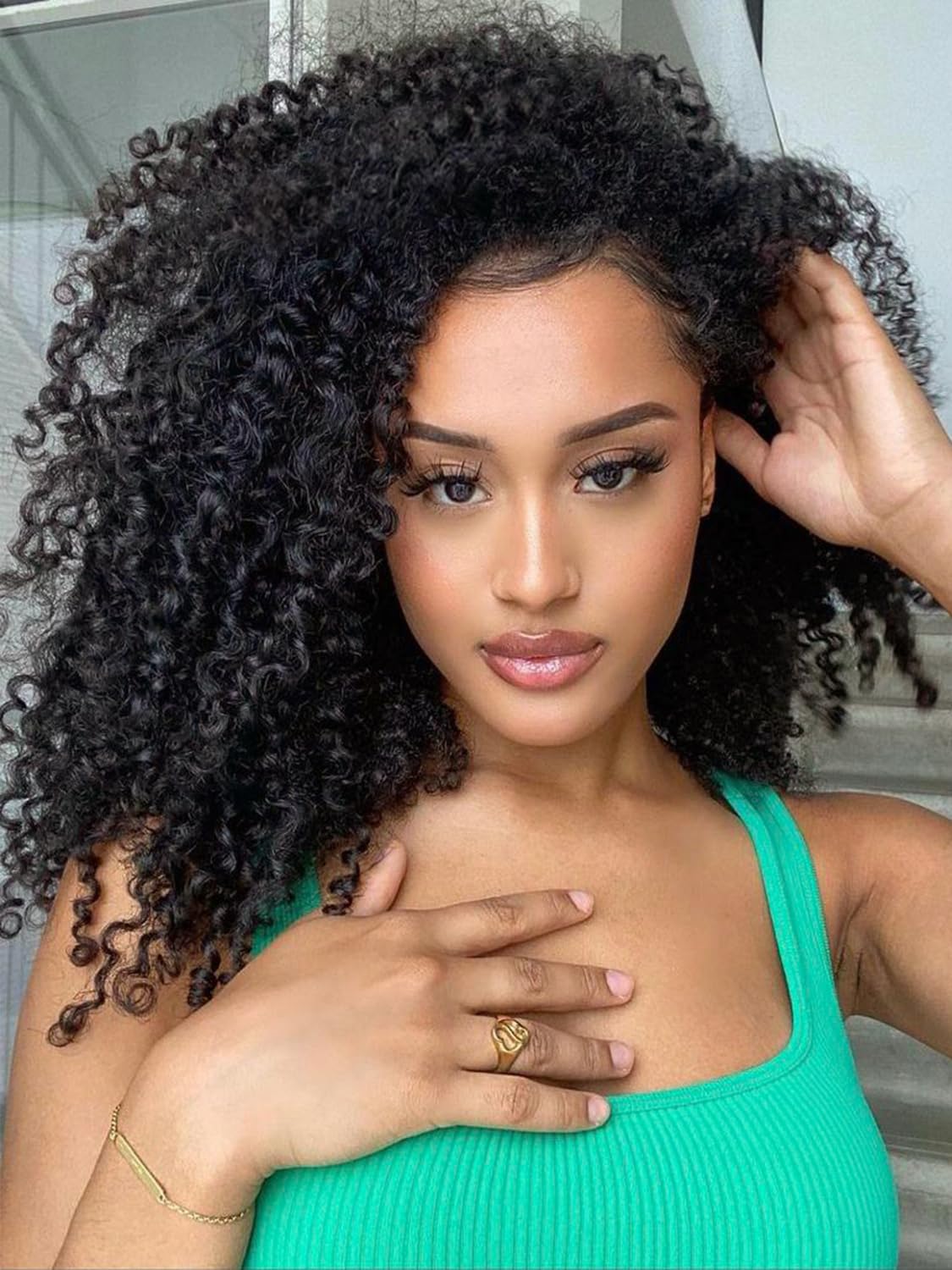 Photo 1 of Dark Brown #2 Kinky Curly Half Wig 18 Inch Wear Go Glueless Wigs Protein Synthetic Hair Boast A Human-Hair-Like Touch Burmese Curly 3 In 1 Half Wigs for Women Drawstring Seamless Flip Headband Wig