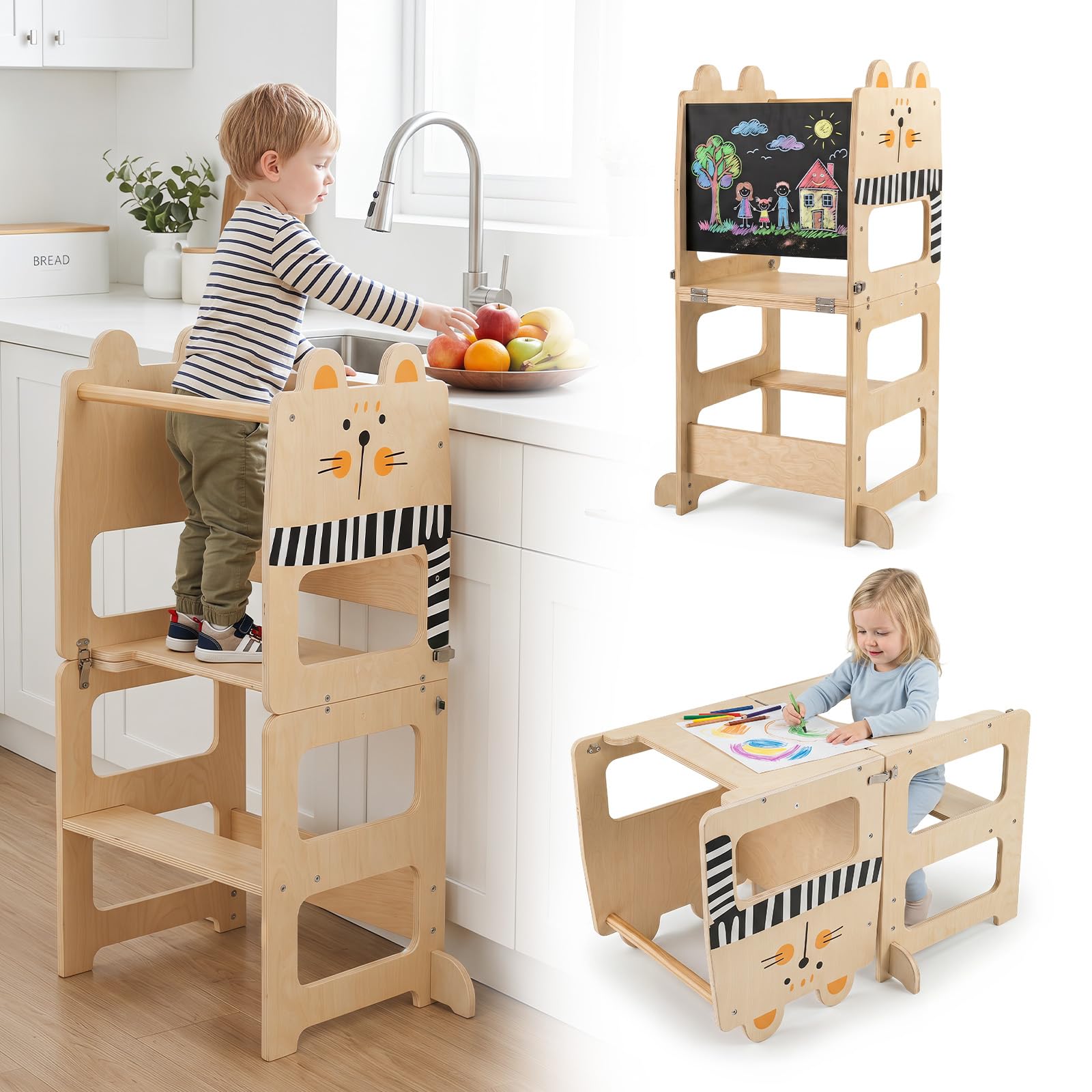 COSTWAY 3 in 1 Lernturm klappbar aus Holz, 50 kg belastbar, Natur | Tritthocker mit Tafel in Katzenform, Tritthschemel Montessori, Küchenhelfer für Kinder ab 18 Monaten
