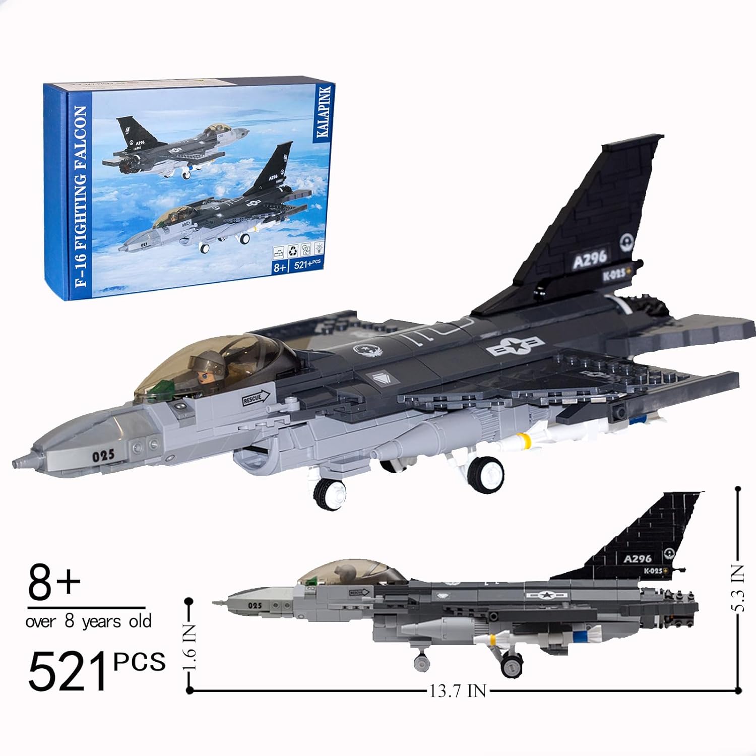 F16 Fighter Jet Model, Military Plane Building Blocks Set (521 Pieces) for Army Airplane Lovers, Kids (8+Years) and Adults