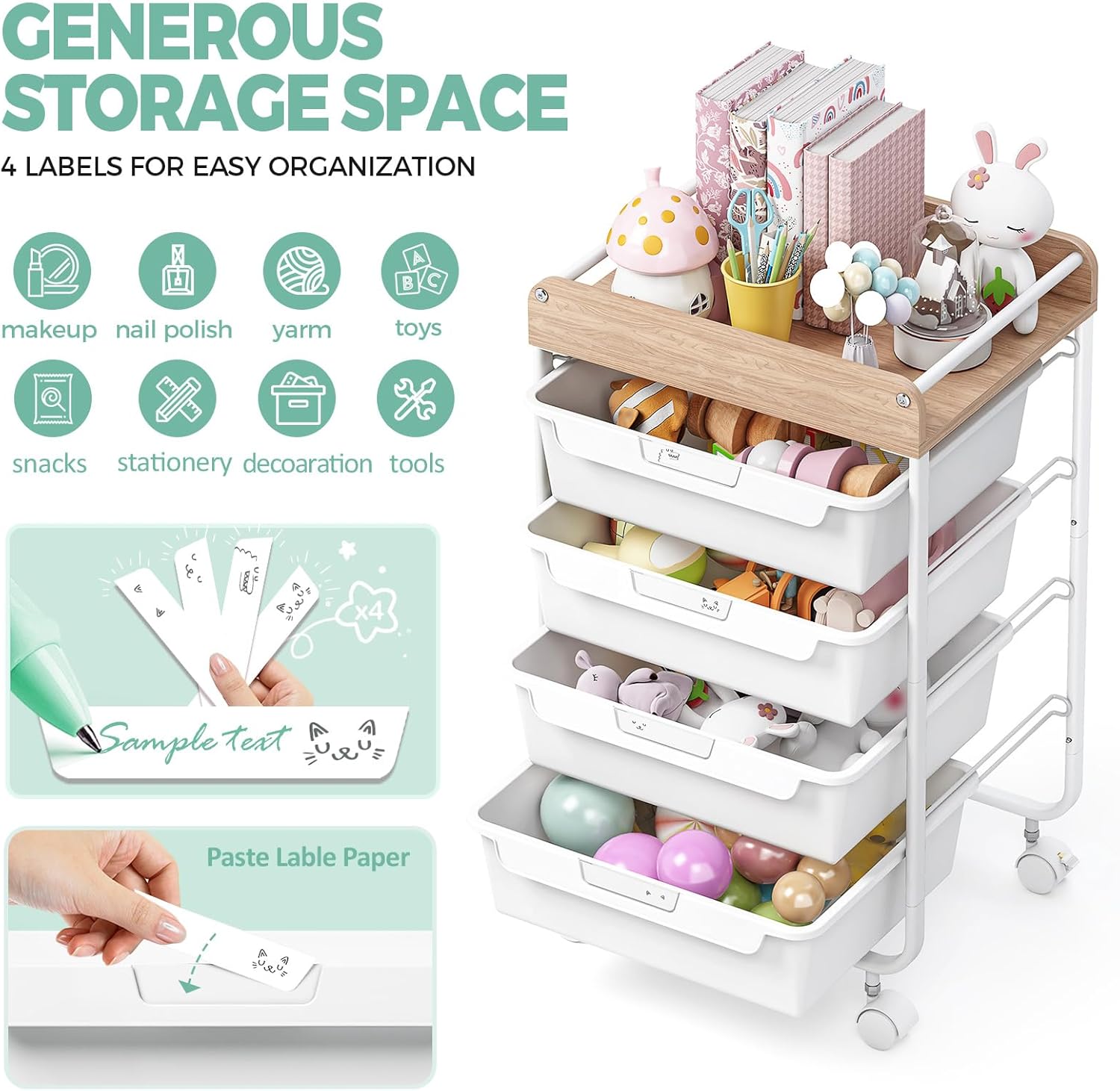 Rolling Storage Utility Cart with 4 Drawers,Kids Craft Art Cart,Makeup Organizer and Storage with Wooden Tabletop,White - Image 2