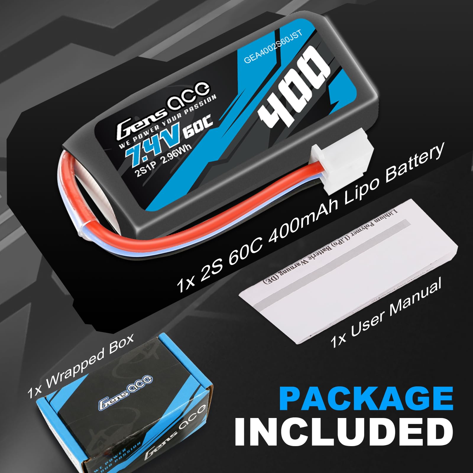 Gens Ace Batterie LiPo 2S 400mAh 7.4V 60C avec Connecteur JST