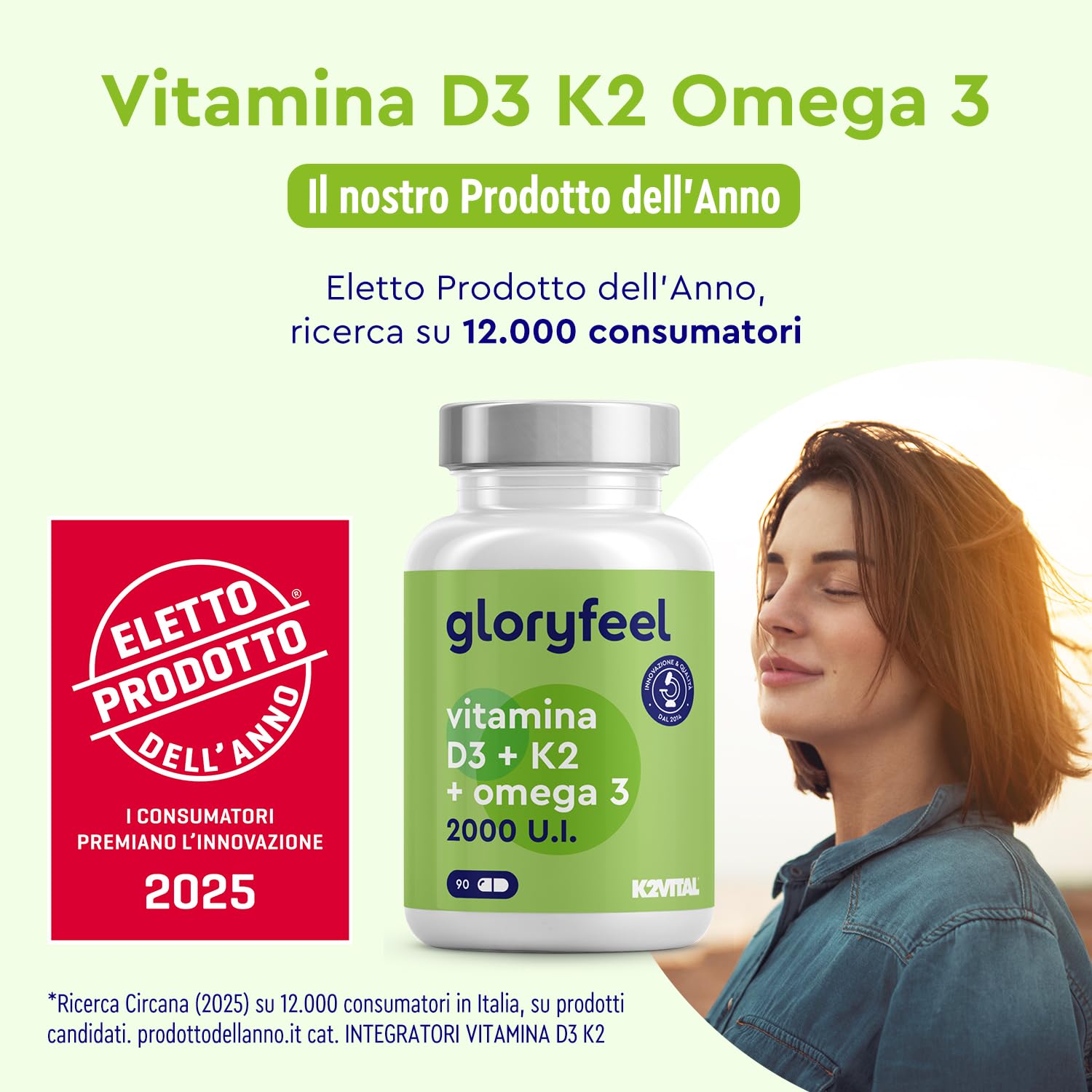 Vitamina D3 + K2 + Omega 3, 90 Capsule Softgel, Eletto PRODOTTO DELL'ANNO 2025, 2000UI Vitamin D, 100 µg Vitamina K (K2VITAL® di Kappa), 1000mg Olio di Pesce 400mg EPA e 300mg DHA