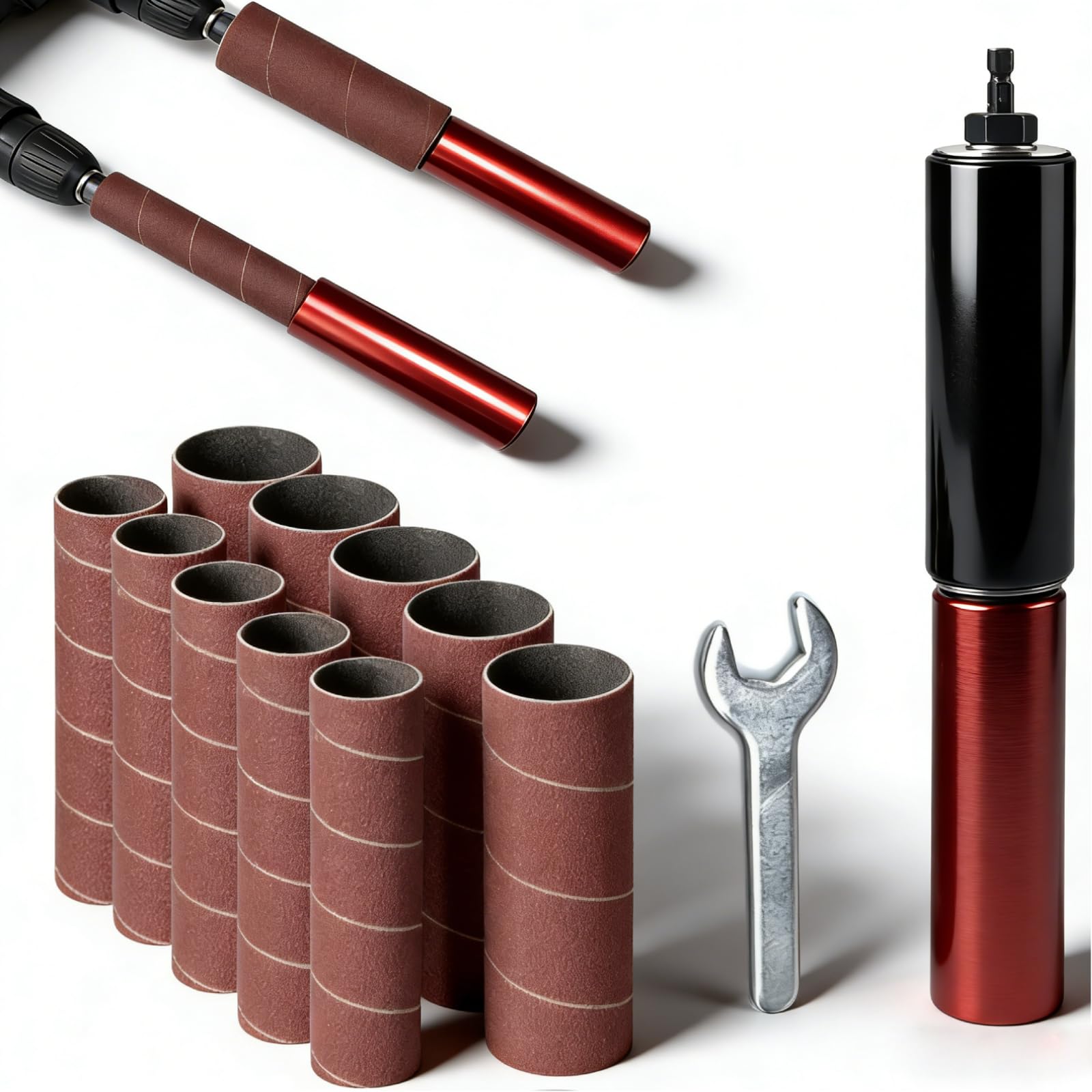 Spindelschleifer Adapter, Handgeführte Gummi Schleiftrommel Set FüR Bohrmaschinen, Spindel Schleifer Adapter Schleifwalzen Bohrer-Schleifdorn Spindelschleifer-Adaptor Mit 10 SchleifpapierhüLsen