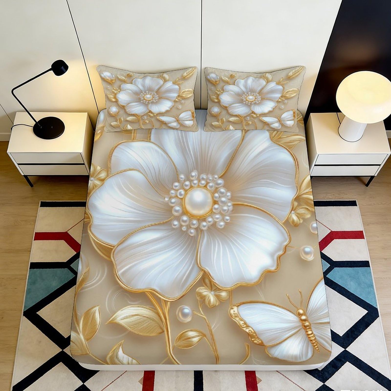 Pnayamiorkfel Style-2 3D Printed Pearl Flower Fitted Sheet Microfiber Gold Butterfly Bed Cover Anti-Slip Washable For Bedroom Guest Room Decor 90X200x25cm
