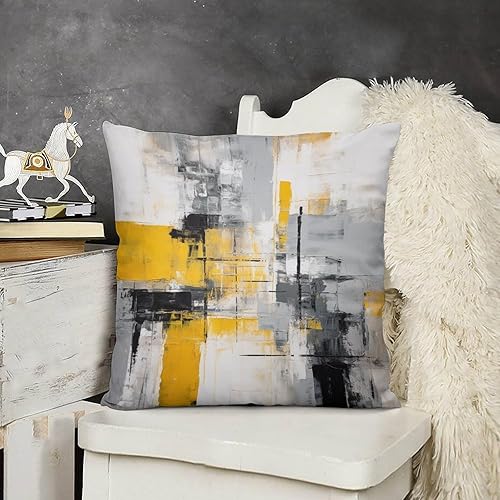 Miniatura 1 de HighonHi Fundas de almohada, pintura abstracta con cuadrados amarillos y grises, cojines decorativos para sala, amarillo, blanco, gris, pintura