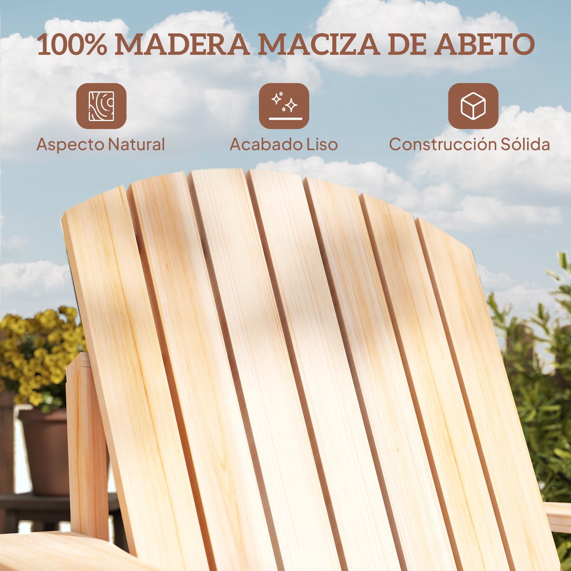 Outsunny Silla Adirondack de Madera Silla de Jardín con Reposabrazos y Respaldo Alto para Terraza Balcón Exterior 72x95x93 cm Natural