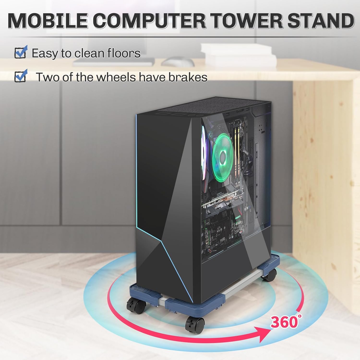Hmseng Pc Tower Stand, Adjustable Mobile CPU Stand with 4 Rolling Caster Wheels, Fits Most PC Under Desk-Blue - Image 3