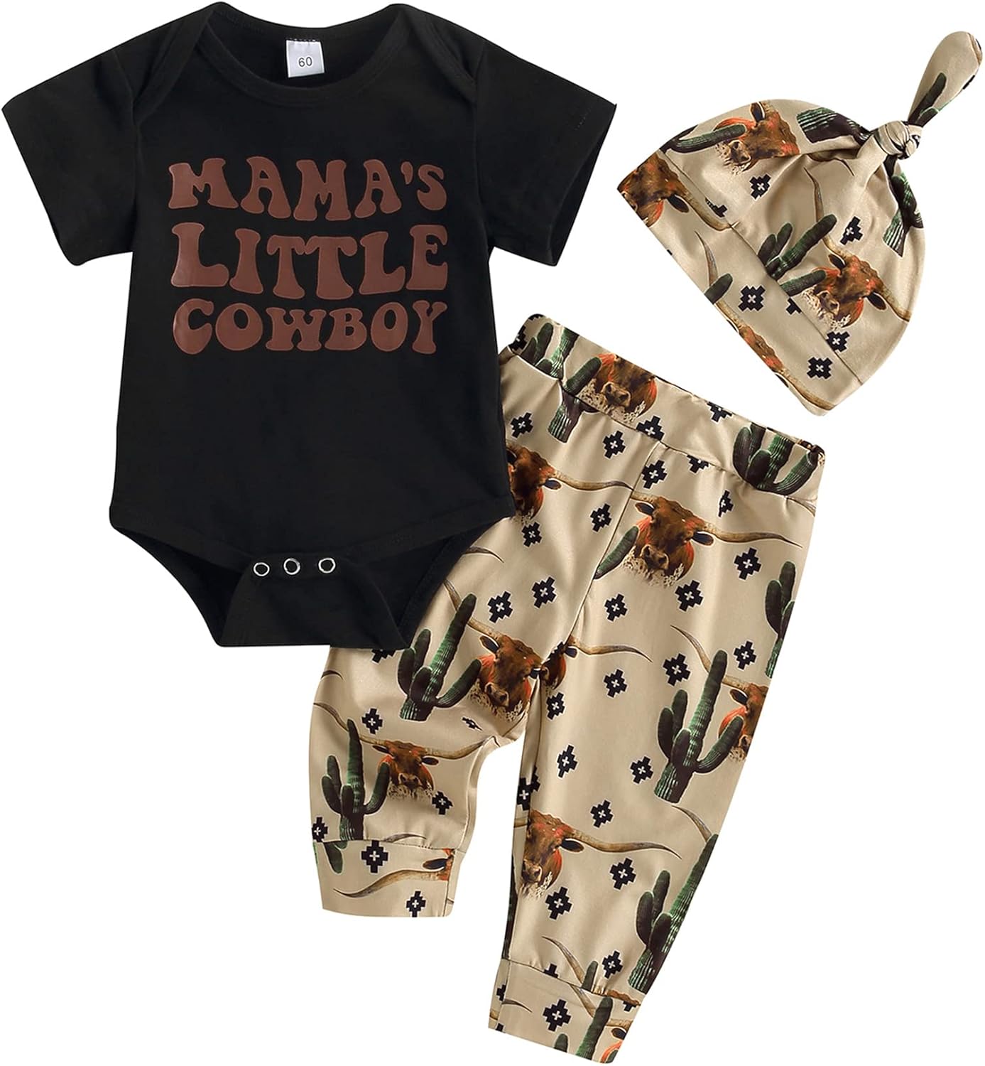 SAYOO Western Newborn Baby Boys Cowboy Outfit Cow Print Letter Bodysuit Long Leggings Cap 3pcs Infant Boy Country Clothes