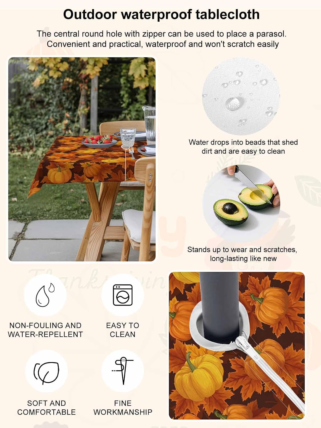 Thanksgiving Outdoor Tablecloths with Umbrella Hole and Zipper, Fall Pumpkin Maple Leaves Orange Yellow Brown Waterproof/Stain Resistant Square Table Cloth 54x54 Patio Table Cover for Picnic/Party