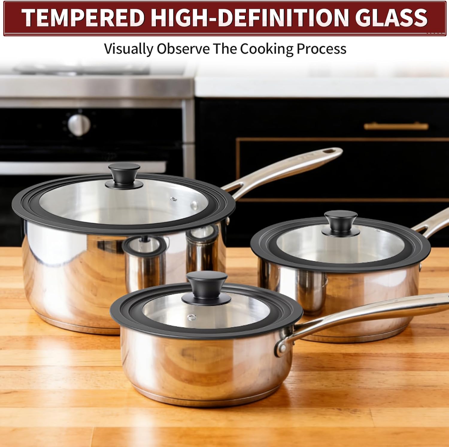 3 Pack Universal Pan Lids,Replacement Pan Lid Fits 6", 7" 8" & 8", 9" 9.5" & 10", 11" 12" Cookware,Tempered Glass Pan Cover with Heat Resistant Rim for Skillets, Pots, Frying Pans & CrockPot