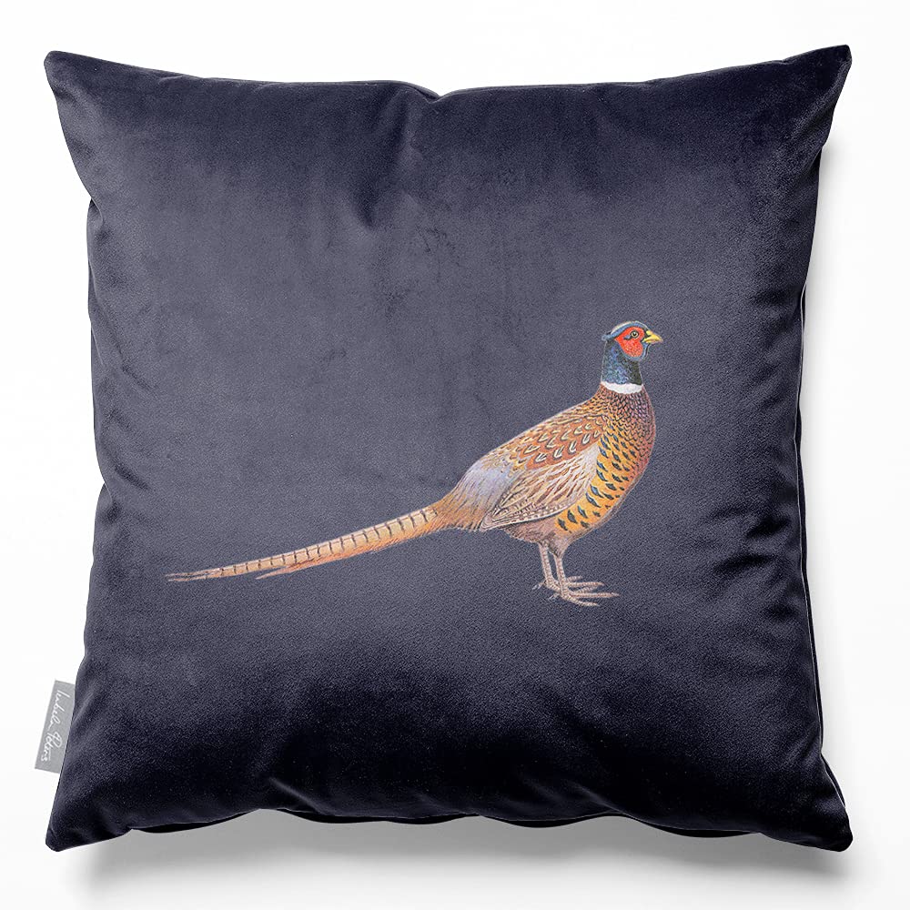 Izabela Peters Pheasant - Graphite Eco-Friendly Velvet Cushions With Covers Included, 60 Cm, Chair & Sofa Seat Cushions