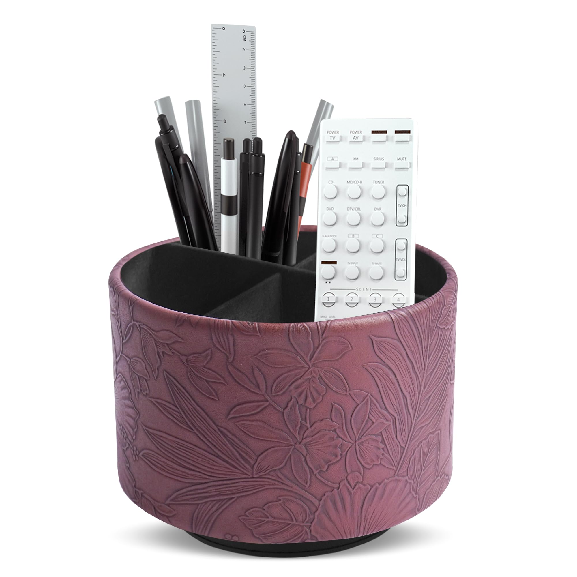 Czzmy Round Leather Art Supply Organizer,Remote Control Holder,360 Degree Spinning,Multi-Functional Pencil Holder,4 Compartments Desktop Stationary Organizer(1-Carved Dark Brown) — image 1