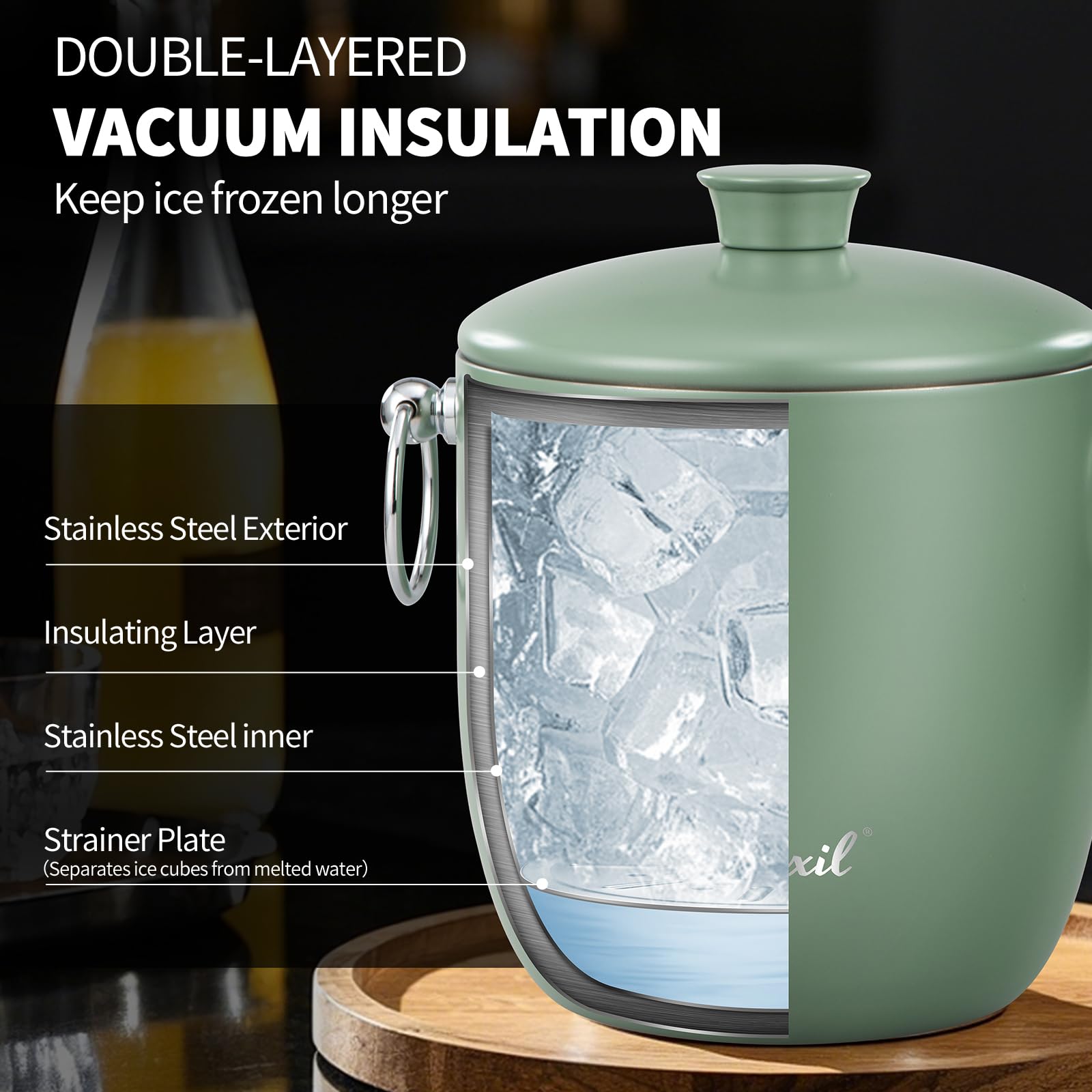 Cubo de hielo grande de 3 litros para fiestas y cócteles, enfriador de hielo de acero inoxidable con tapa y pinzas, cubo de hielo de estilo retro para congelador y bebidas