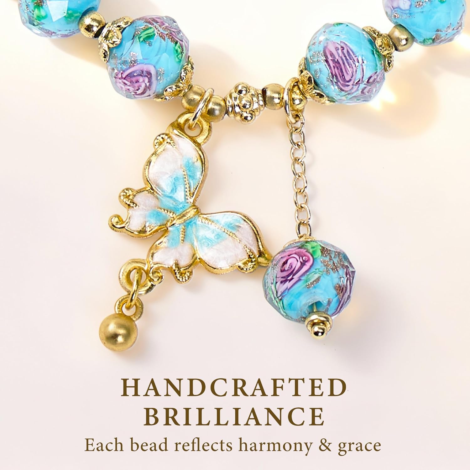 Butterfly Charm Bracelet for Women, Liuli Flower Healing Bracelet with 8mm Floral Beads, Pastel Stretch Bracelets Jewelry Gifts for Her Mother