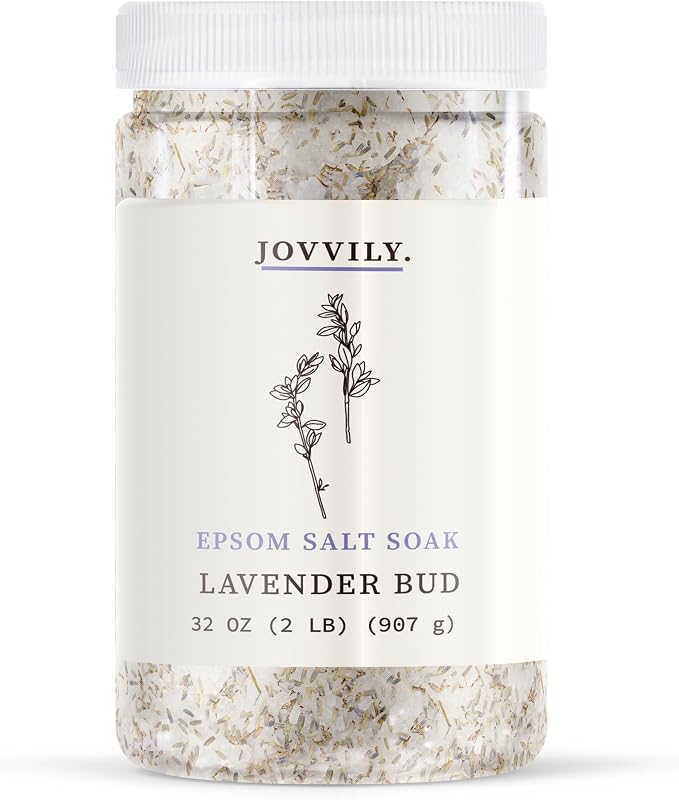 Jovvily Sais de Epsom com Botões de Lavanda e Óleo Essencial de Lavanda, Sulfato de Magnésio, 907 g