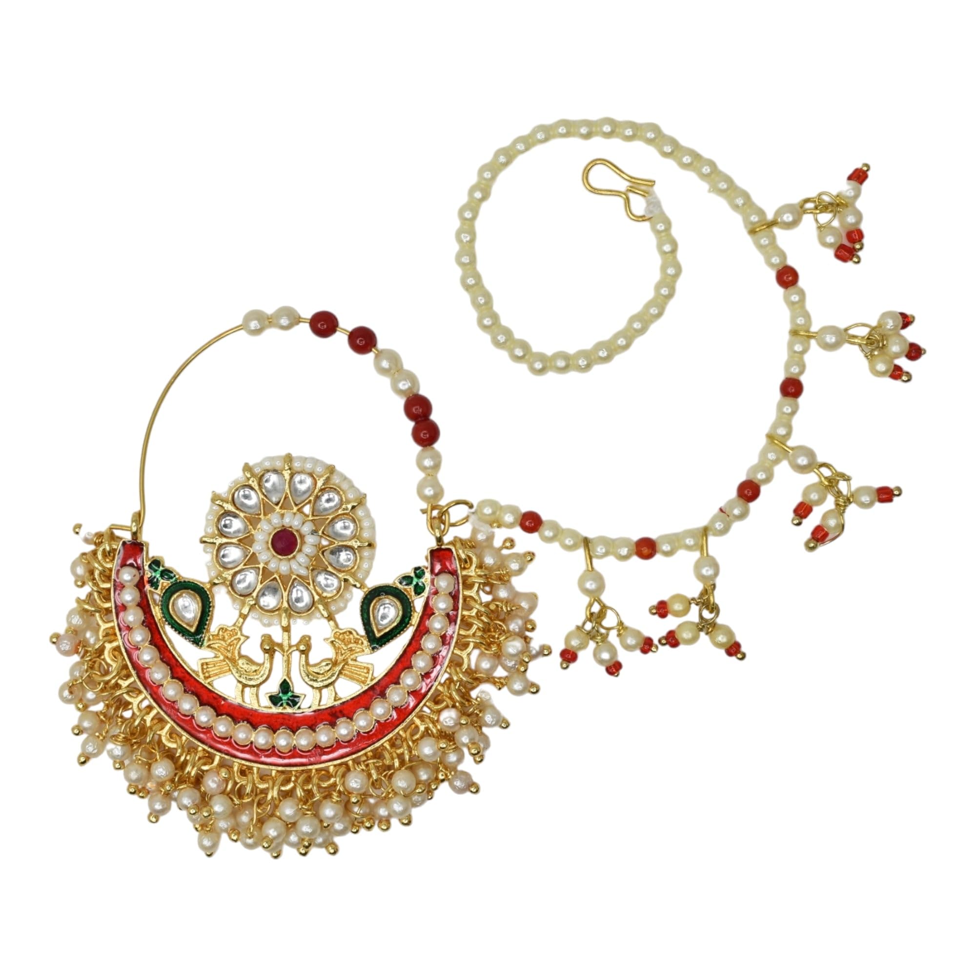 Meira Jewellery Pearl studded Rajputi Style Red Brass jadau kundan Meenakari Heavy Bridal nathani with chain nathuni nathiya nath for women n girls (B0CNTM74HZ) Amazon Price History, Amazon Price Tracker