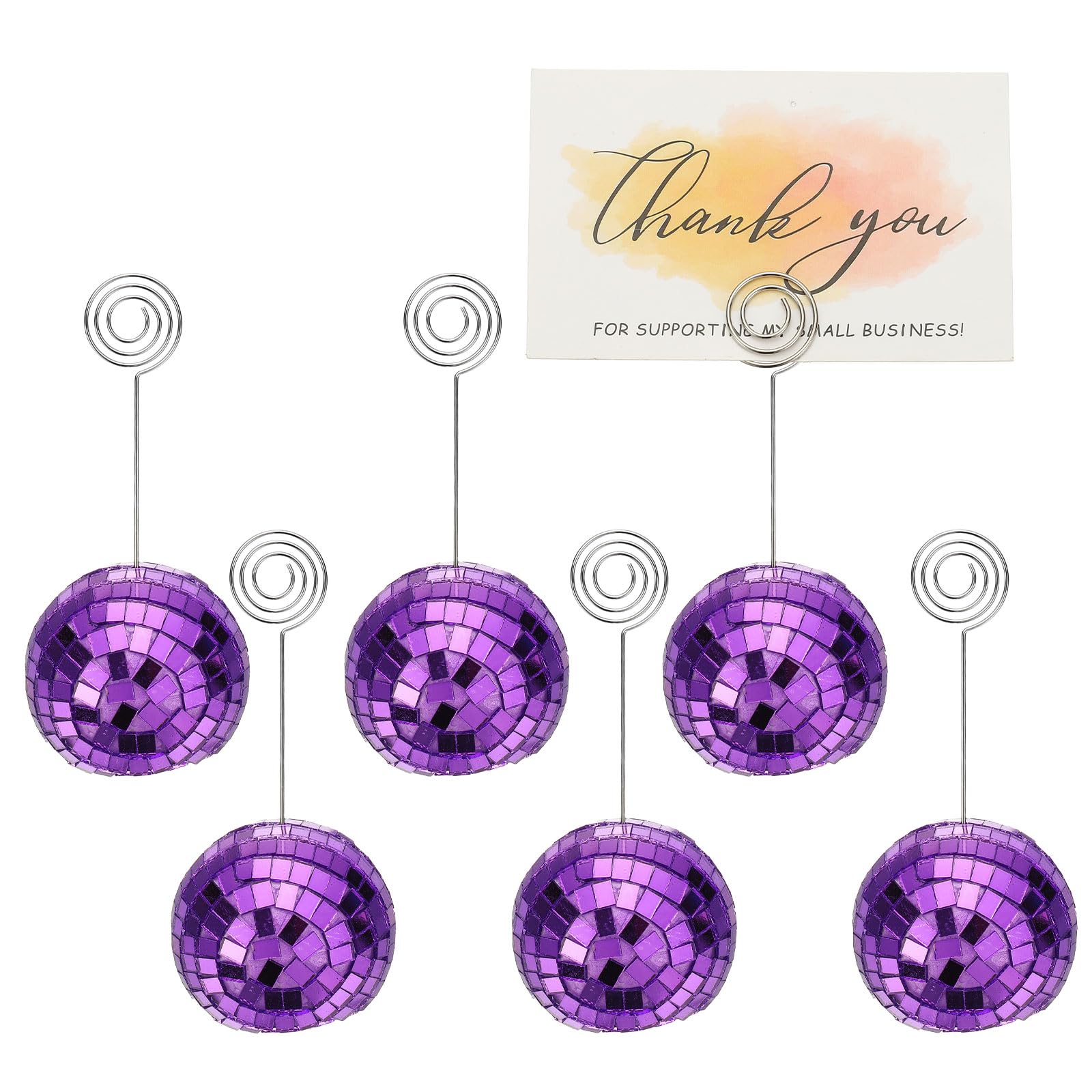 PATIKIL 2 Inch Disco Ball Place Card Holder, 6Pcs Disco Table Sign Holder Table Number Holders Name Card Stands with Clip for Decor Photo Menu Display Wedding Birthday Party, Purple