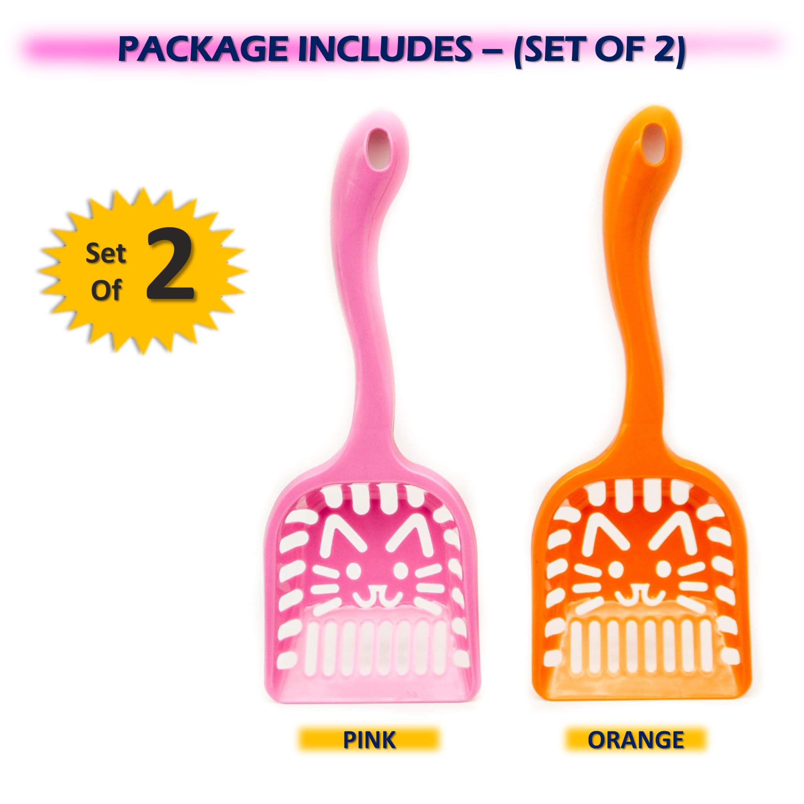 Petopedia 2 x Durable Cat Litter Scoop, Plastic Cat Litter Shovel Cat Poop Scoop Cat Litter Tray Scoop Handy Sand Sifter Poop Sieve Cleaning Tool Shovel Kitten Scoop Cat Scoop Set (Pink/Orange) - Image 2