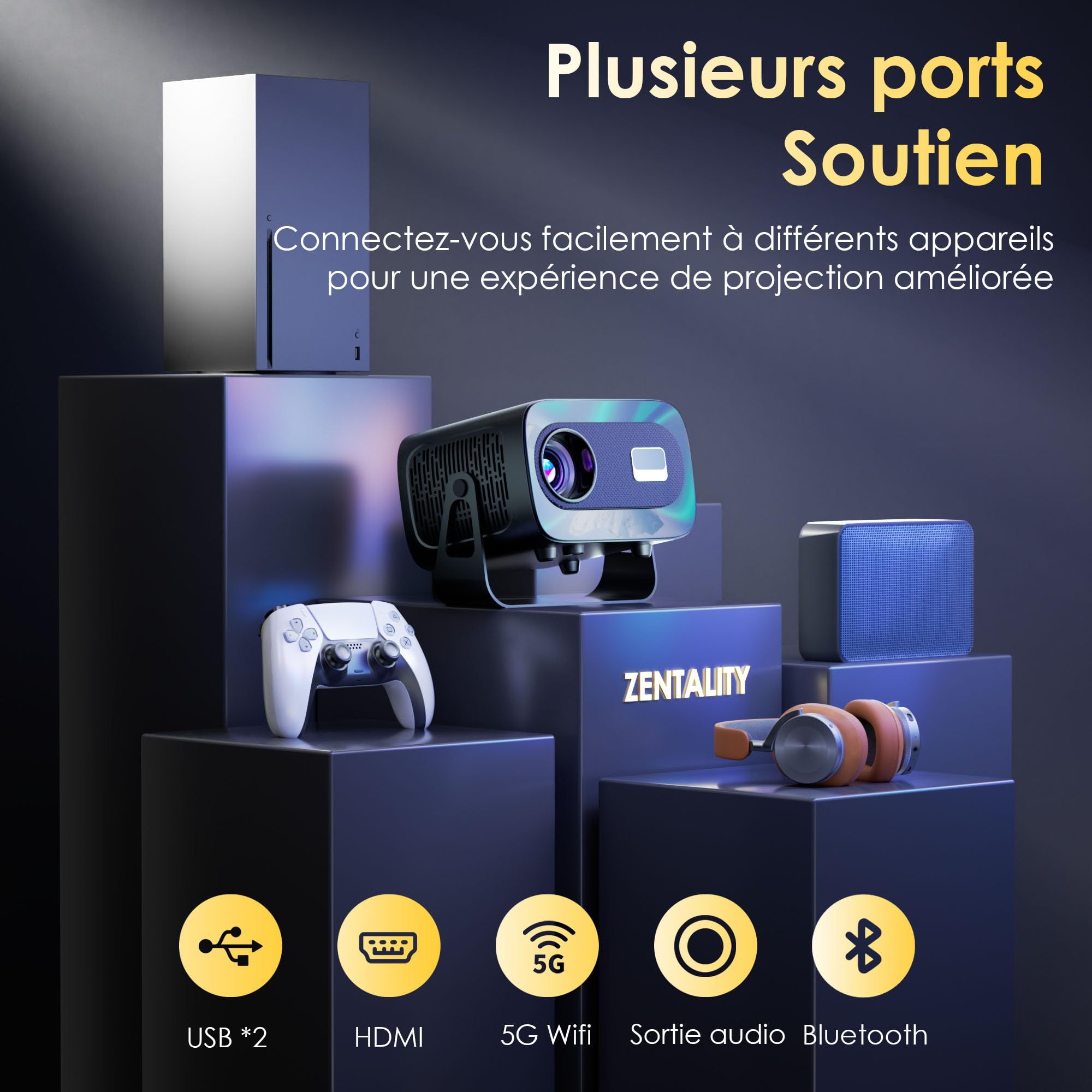[App Intégrée] Vidéoprojecteur 1080P 4K Supporte Mini Projecteur Home Cinéma Projecteur Video Supporté pour Correction Trapézoïdale Automatique, Android TV BT5.1 360° Rotation, TV Stick/avec HDMI,