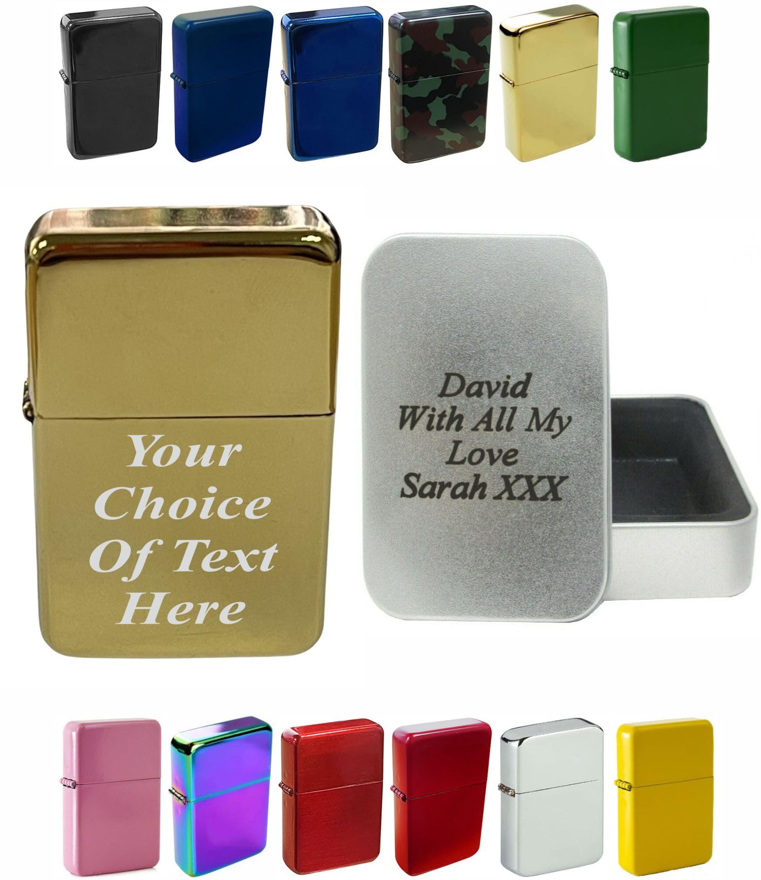 Larryroo Gold Personalised Engraved Lighter For Birthday, Fathers Day, Anniversary, Choice Of Colours - With Customised Tin (Gold)