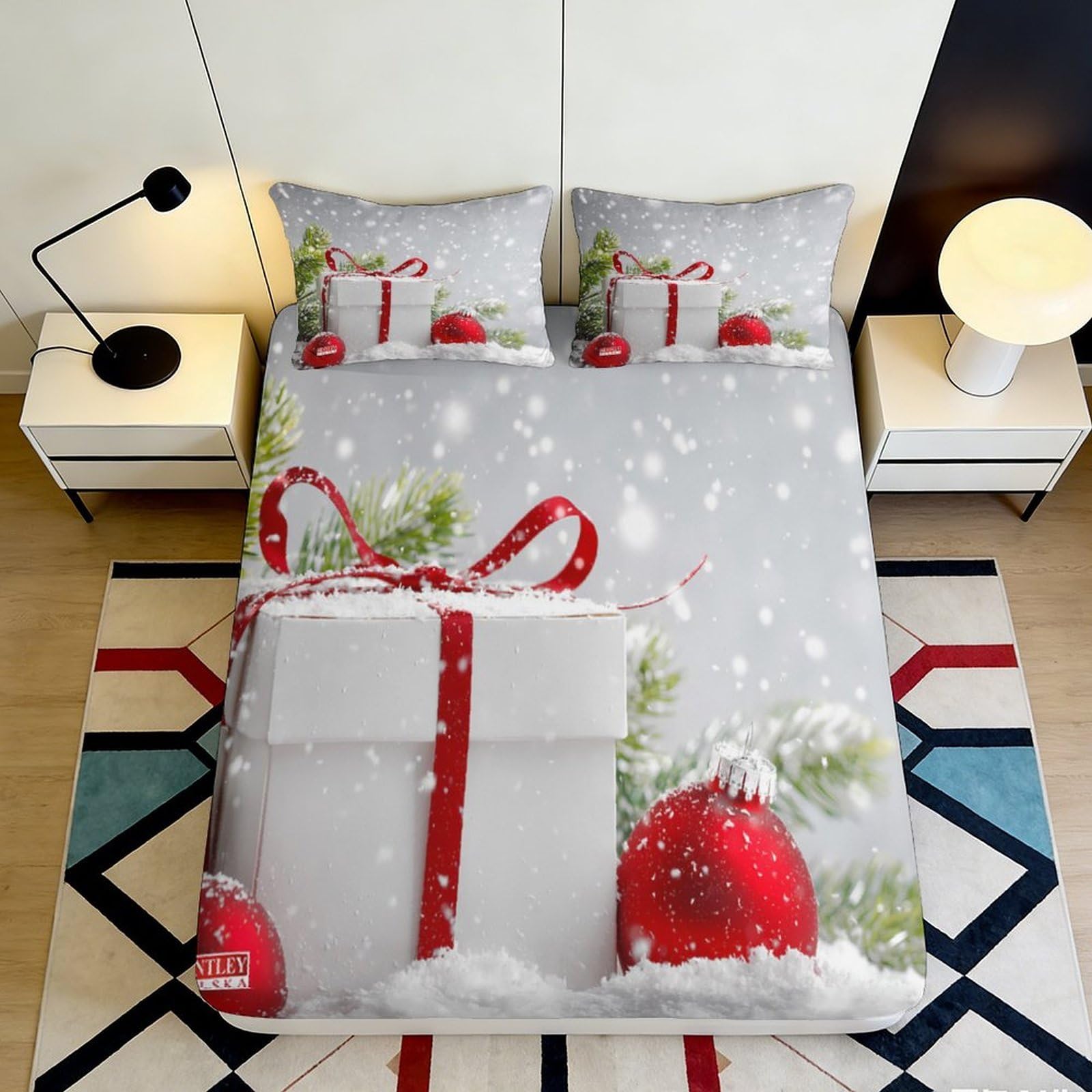 3D Printed Fitted Sheet Microfiber Soft Breathable Snowflake Bed Cover for Bedroom Dormitory Guest Room Mattress Protection Decor 140x200x25cm