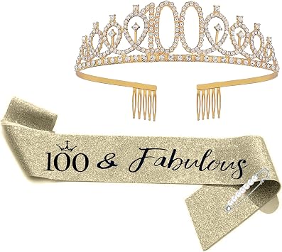 FUNSACHY 100th Birthday Sash & Rhinestone Tiara Set, 100 Year Old Gifts for Her Birthday Crown Party Decorations for Women Gold