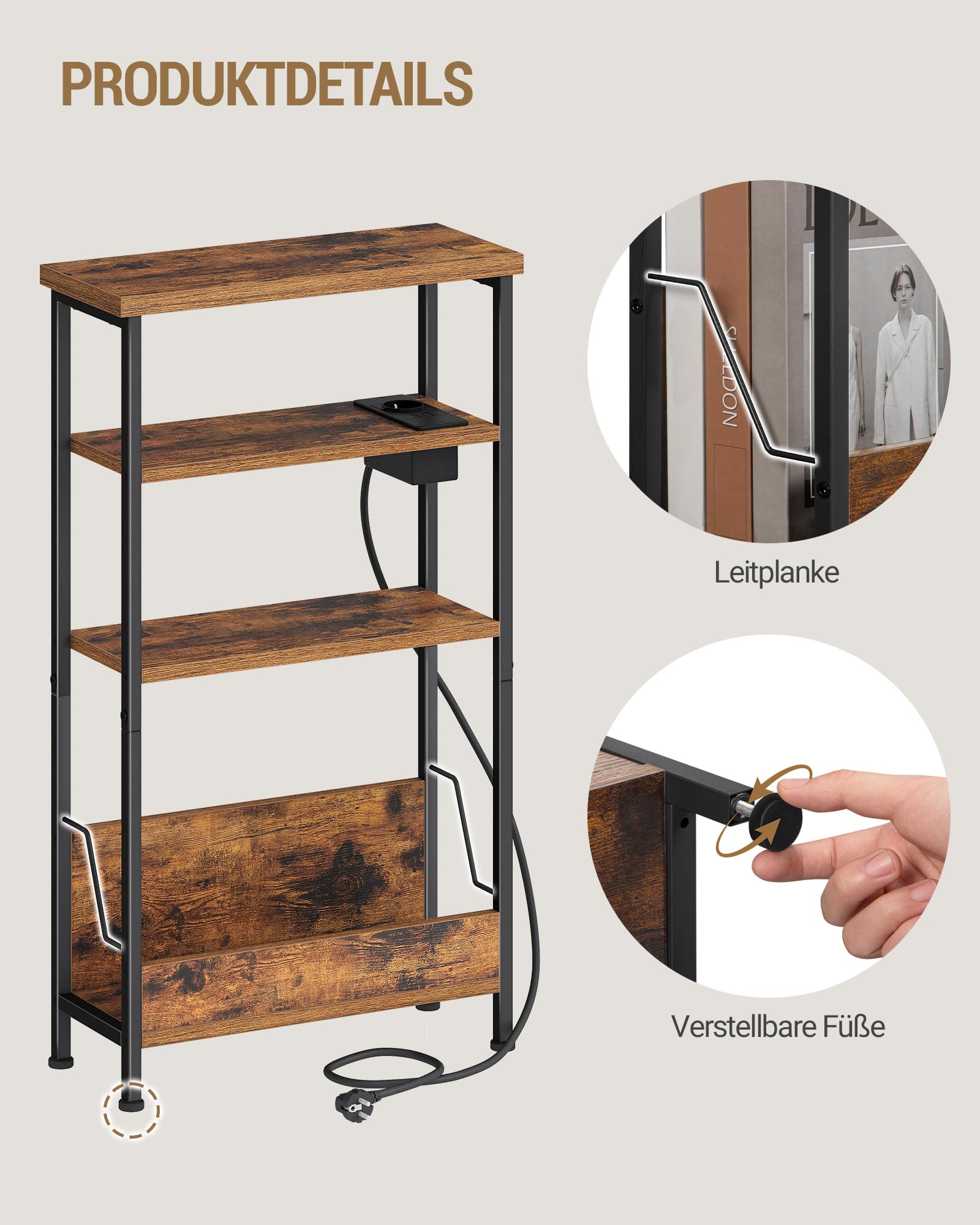 Hzuaneri Beistelltisch Schmal, 4-Stufiger Beistelltisch Couch mit Zeitschriftenhalter und Ladesteckdosen, Geeignet als Nachttisch für Wohnzimmer oder Arbeitszimmer, Vintagebraun-Schwarz ET40001BEU
