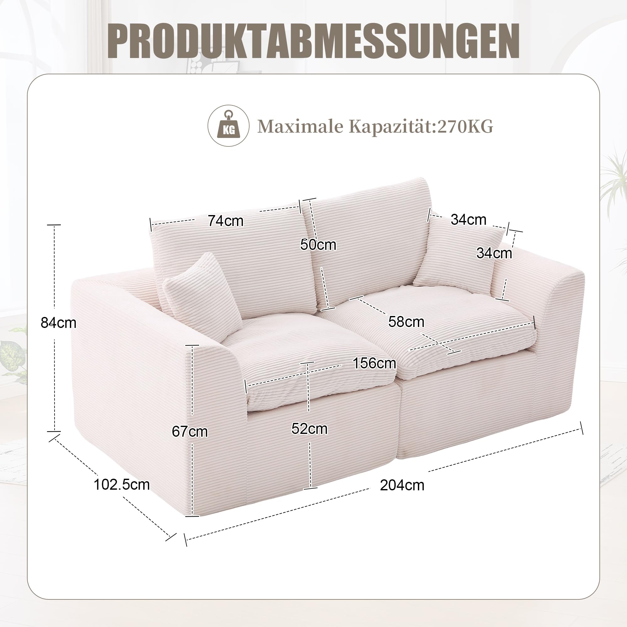 Divano modulare a 2 posti Cloud, divano senza osso, in spugna altamente elastica e tessuto a coste, poltrona morbida e confortevole, completa di cuscino, per soggiorno e camera da letto, beige